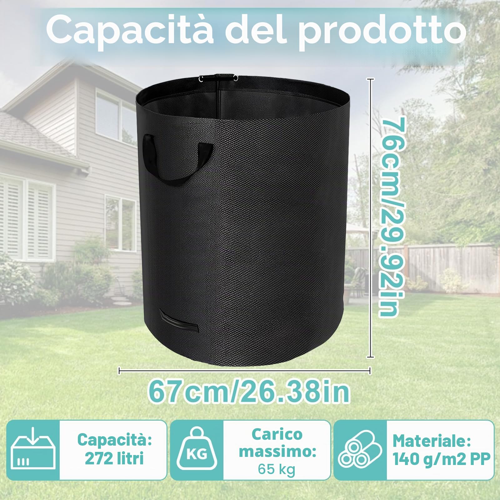 Sacchi per Rifiuti da Giardino Resistenti, 272L x 4Pacchi Sacchi da Giardino Riutilizzabili con Maniglie,incl Guanti, Antistrappo, Idrorepellente, Riutilizzabile, Pieghevole