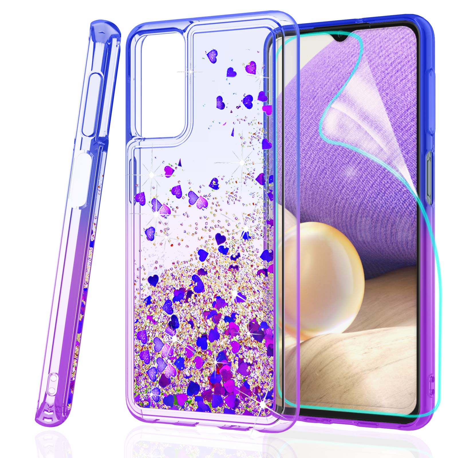 ZingCon Compatible for Samsung Galaxy A32 5G Case,A22 Phone Case,Glitter Bling Quicksand Adorable Shine Case,[HD Screen Protector] Shockproof Hybrid Hard PC Soft TPU Protective Cover-Blue/Purple