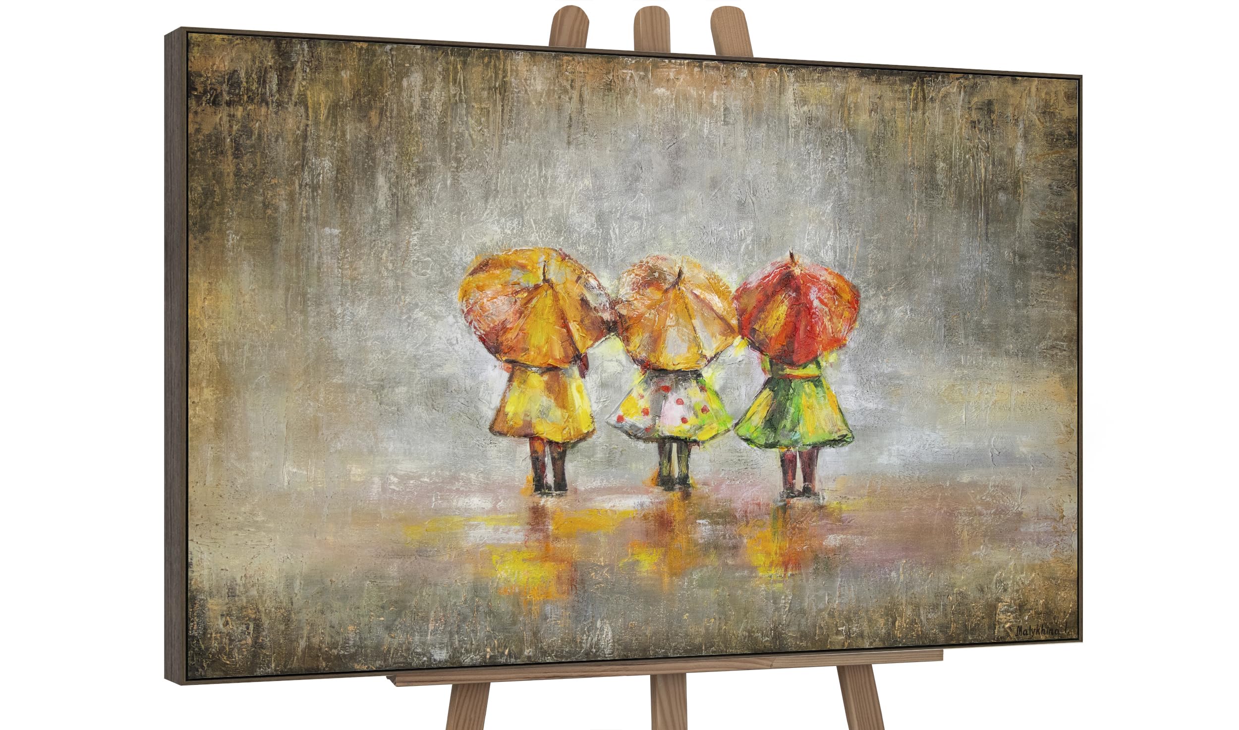 YS-Art Original Handmade Painting – Yellow Orange Red Umbrellas Children in Rain, Impressionist Figurative Scene, Framed Wall Art for Home Decor Office Interior 48x32 inch
