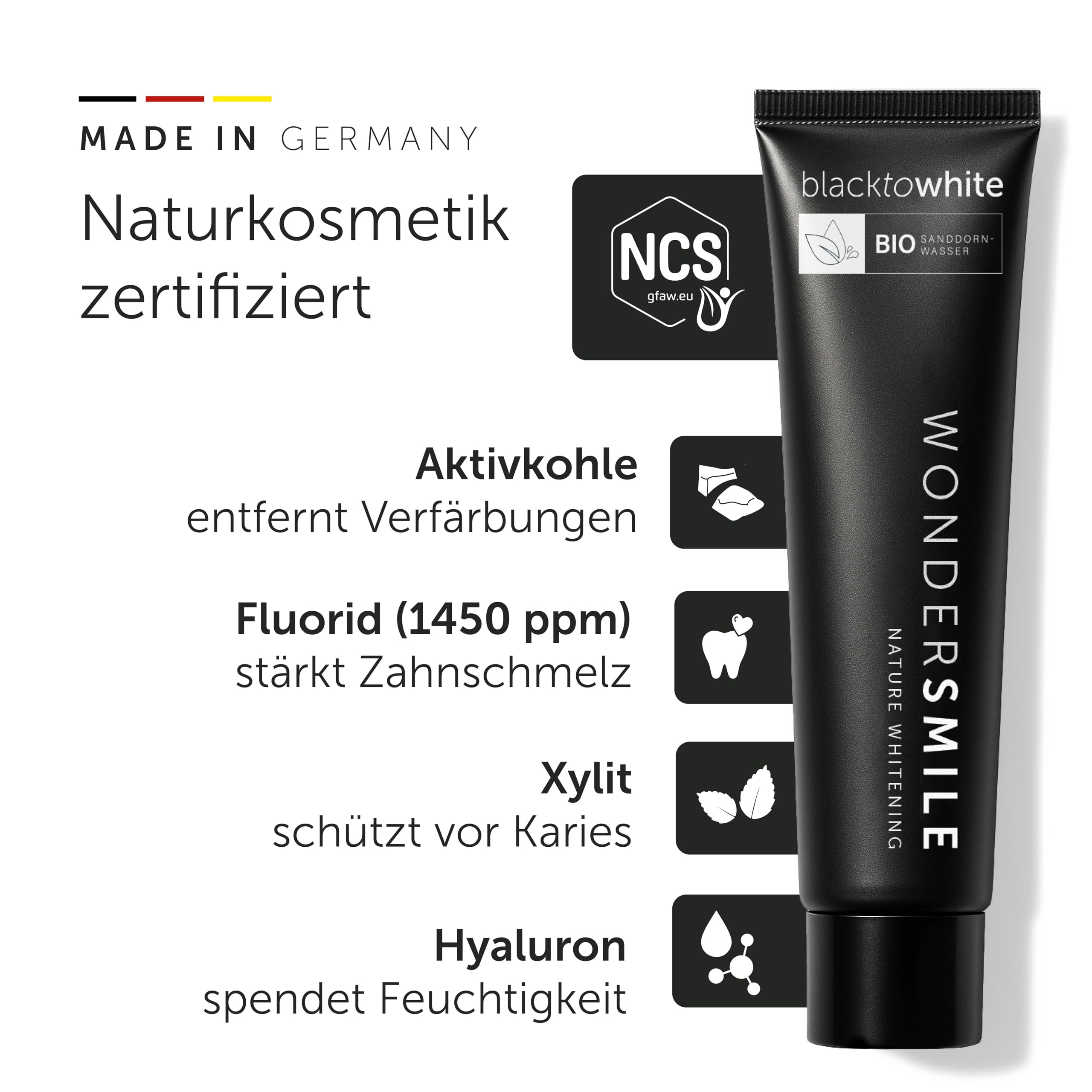 Wondersmile Aktivkohle Zahnpasta Mint – sanftes Whitening - Fluorid 1450 ppm - inkl. BIO Sanddornwasser & Hyaluron - NCS-zertifizierte Naturkosmetik - 100% vegan (8er Pack)