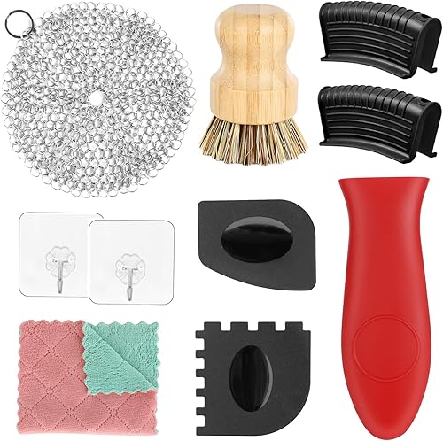 Limpiador de hierro fundido con depurador de hierro fundido Chainmail Bamboo Scrub Brush Handle Covers Grill raspadores soporte de mango caliente