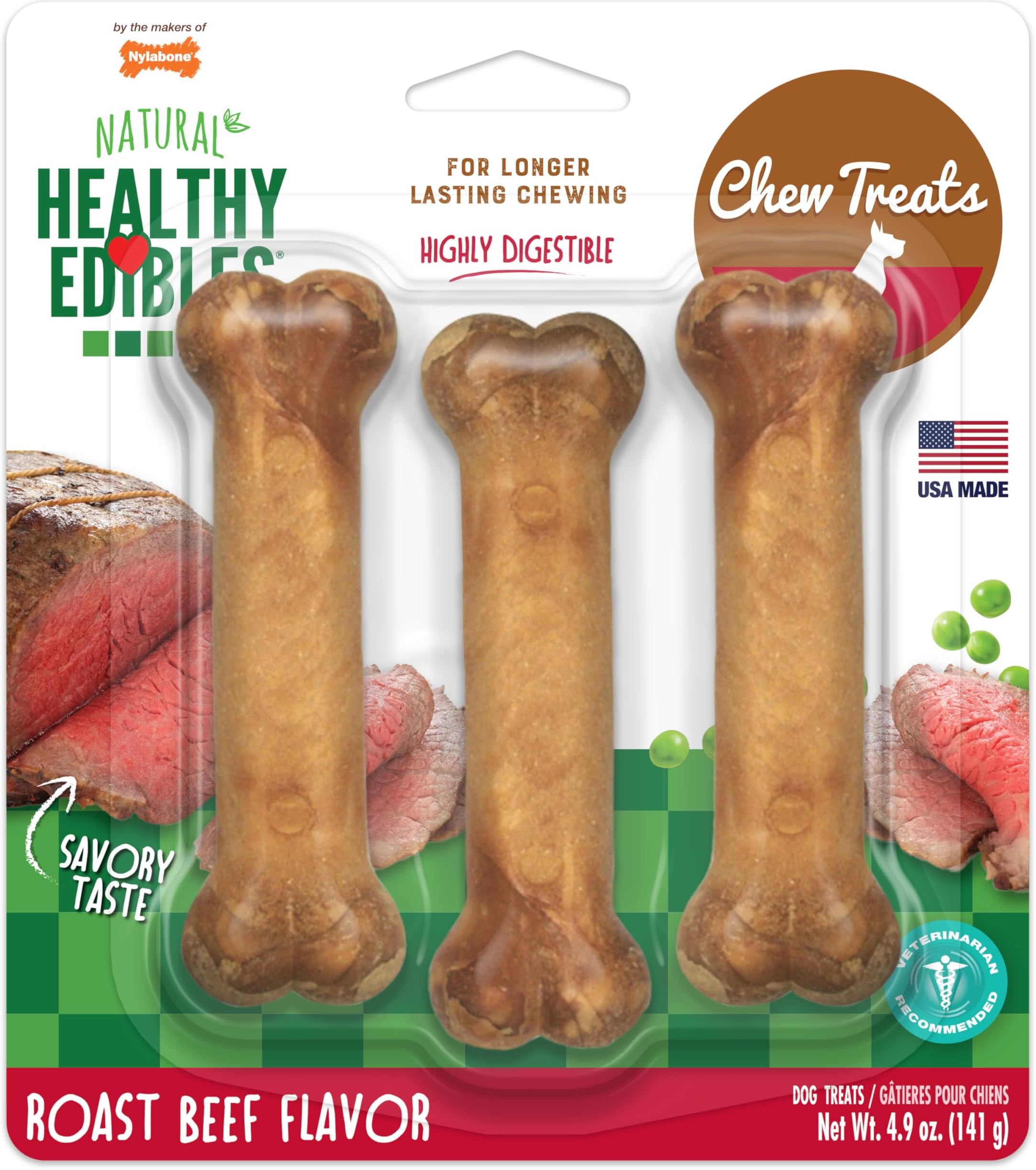Healthy Edibles Natural Dog Chews, Long Lasting Bones for Dogs, Roast Beef Flavor Dog Treats, Small (3 Count)