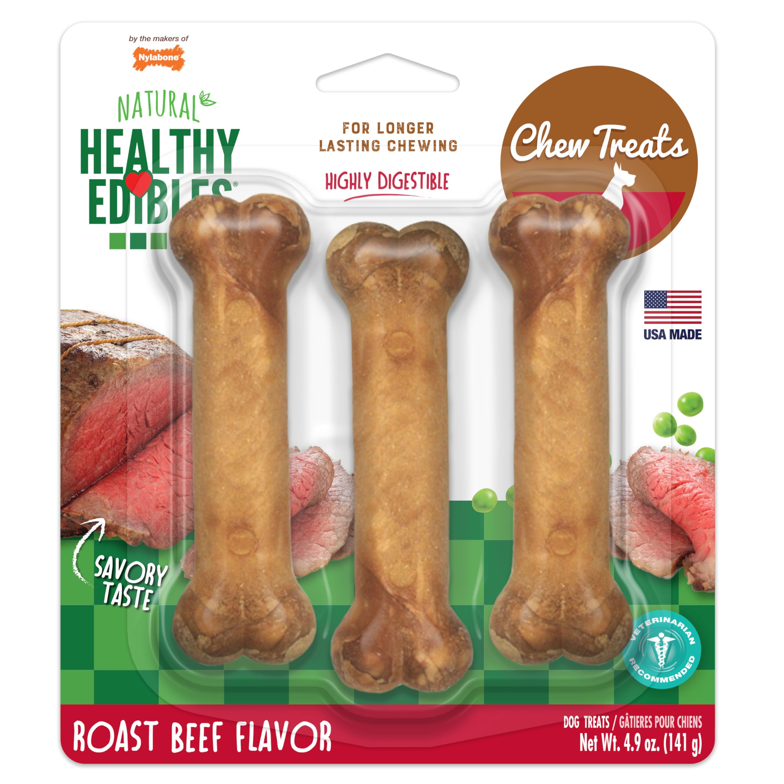 Nylabone Healthy Edibles Roast Beef Flavor Chew Treats for Dog 3 count Roast Beef Small/Regular