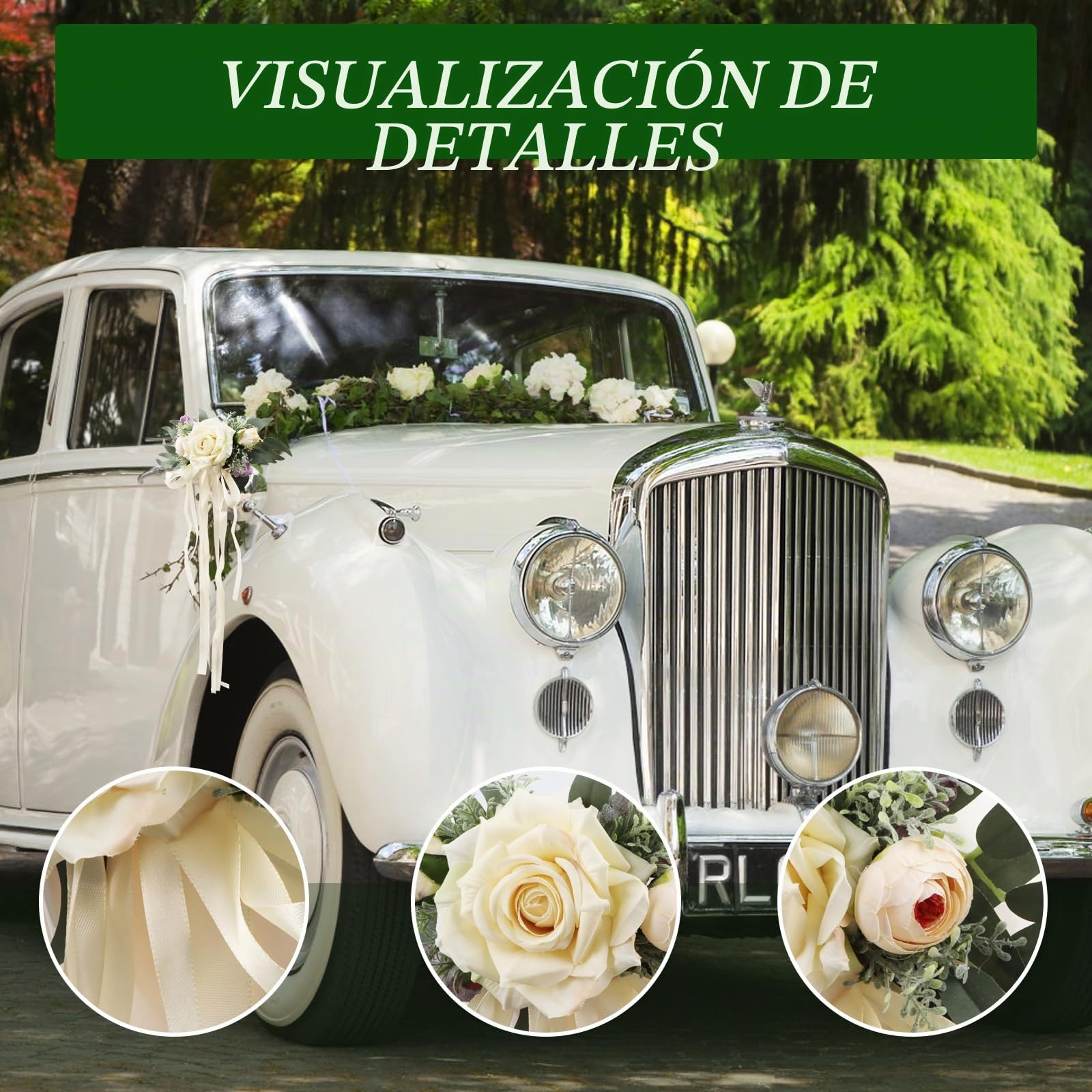 2 piezas de decoración floral para boda en el coche, simulación de flor, lazos para el coche para la boda, decoración de flores para los espejos del coche, asas de las puertas, silla de boda, respaldo