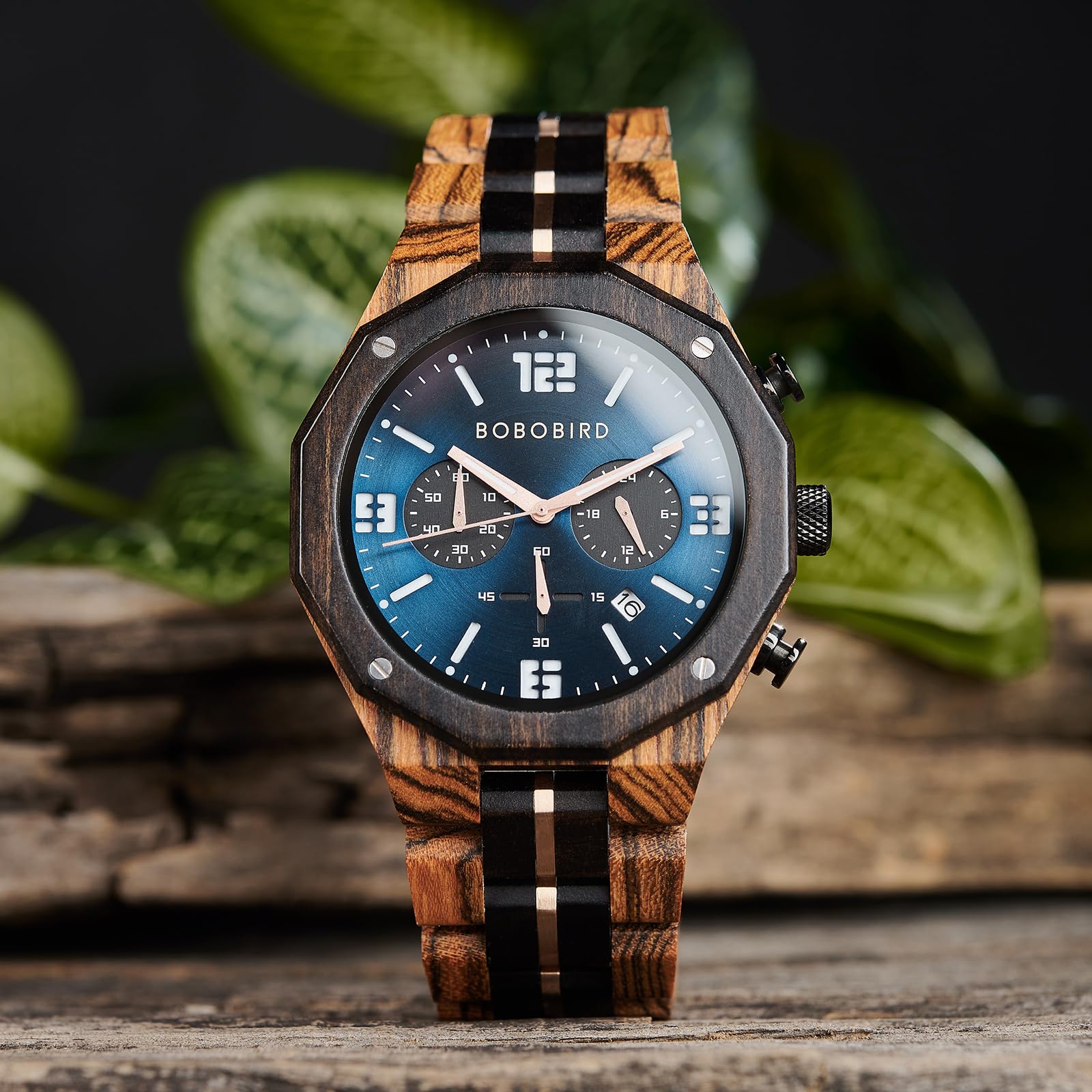 BOBO BIRD Herren Holzuhr Sport Mode Armbanduhr Casual Chronograph Quarz Uhren Männer Holz Edelstahl Armband Uhr mit Datumsanzeige