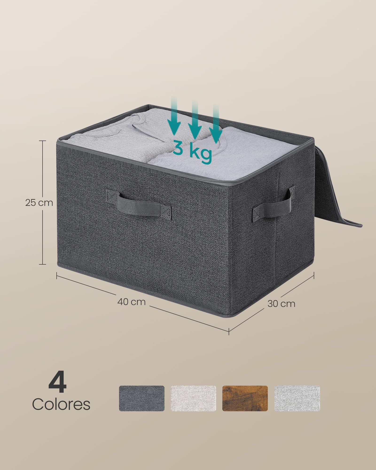 SONGMICS Cajas de Almacenamiento Plegables, Juego de 3 Organizadores en Cajas con Tapas y Asas, para Ropa, 40 x 30 x 25 cm, Tejido de Tela No Tejida, Gris Pizarra RYZB03G