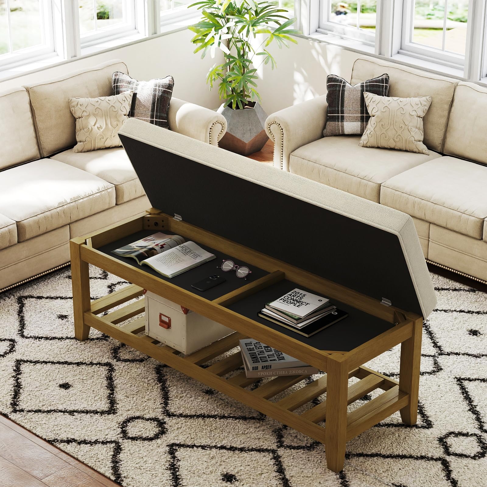 Large Rectangular Upholstered Ottoman Bench, Linen Tufted Footrest Ottoman with Solid Wood Shelf Storage Coffee Table for Bedroom Living Room, Ivory