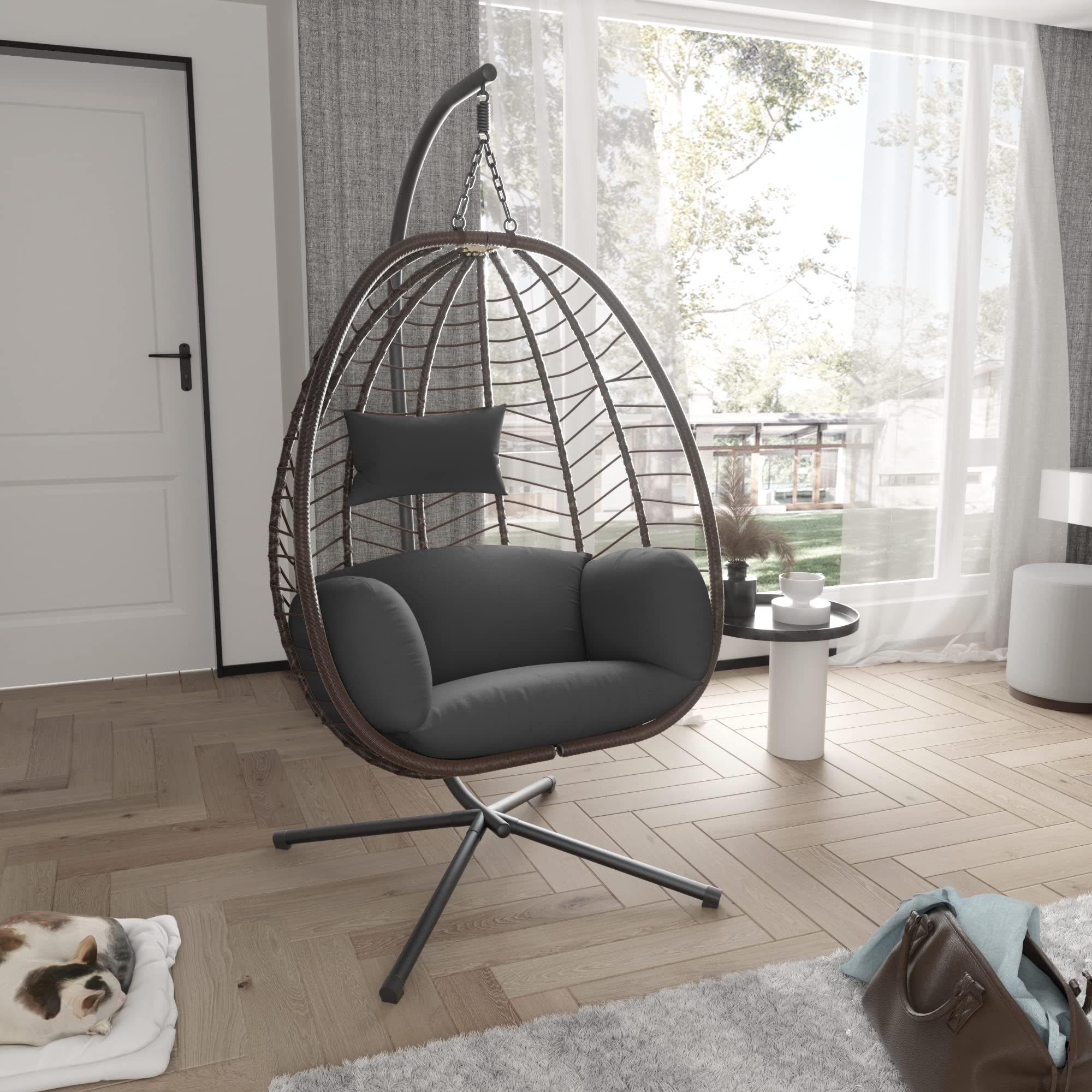 Egg Chair with Stand Hammock Chairs Wicker Rattan Patio Hanging Egg Chair, Indoor Outdoor Swing Egg Chairs with Cushion Headrest for Patio Bedroom Porch Garden, Gray