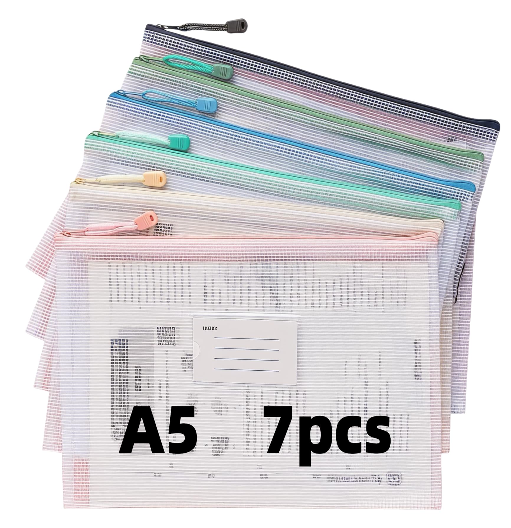 7 Pack Mesh Zipper Pouch Document Bag, A5 Plastic Zip Wallets, Document Folders, Mesh Zipper Bags,Zip Lock Bags for Travel Home Office Supplies Craft Projects (Labelled Version)
