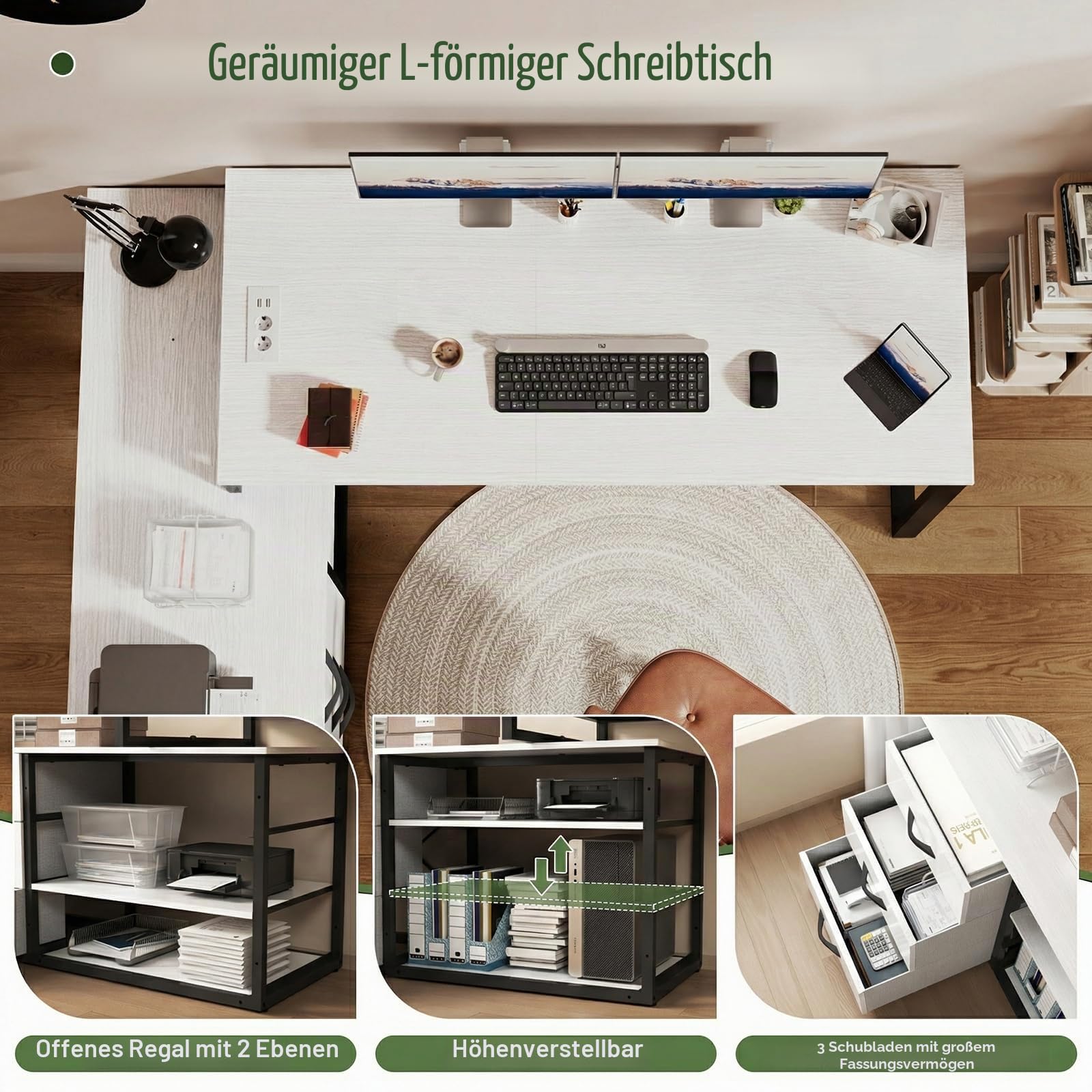 JUMMICO Schreibtisch mit Schubladen, 140 x 105 x 75 cm, L Form Reversible Eckschreibtisch mit 2 USB-Ladeanschlüssen und 2 Steckdosen, Weiß
