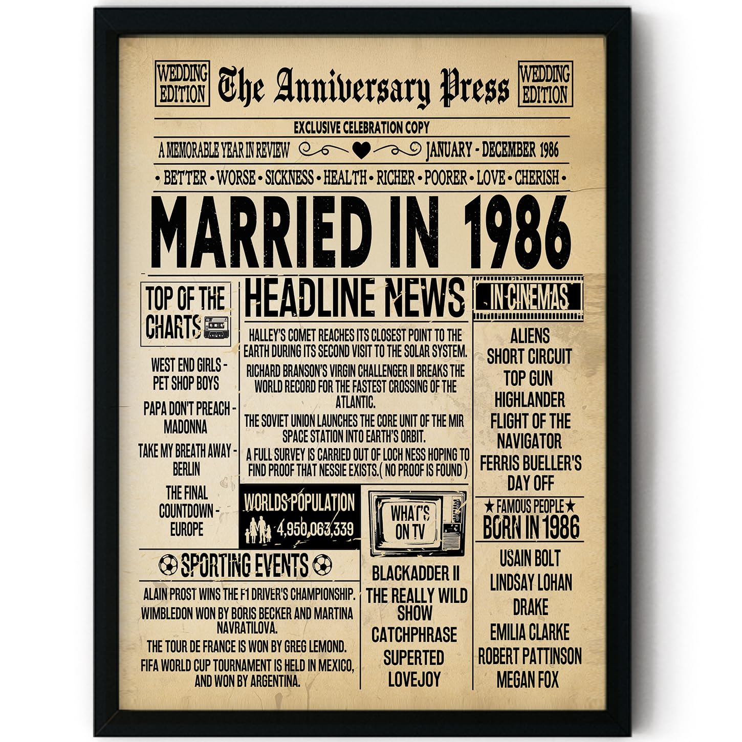 Stuff4 Men's 1986 40Th Anniversary Poster Framed - Married In Newspaper - 40 Wedding Anniversary For Wo Retro Vintage Gifts Back In 8X10 Inch Anniversaries Posters