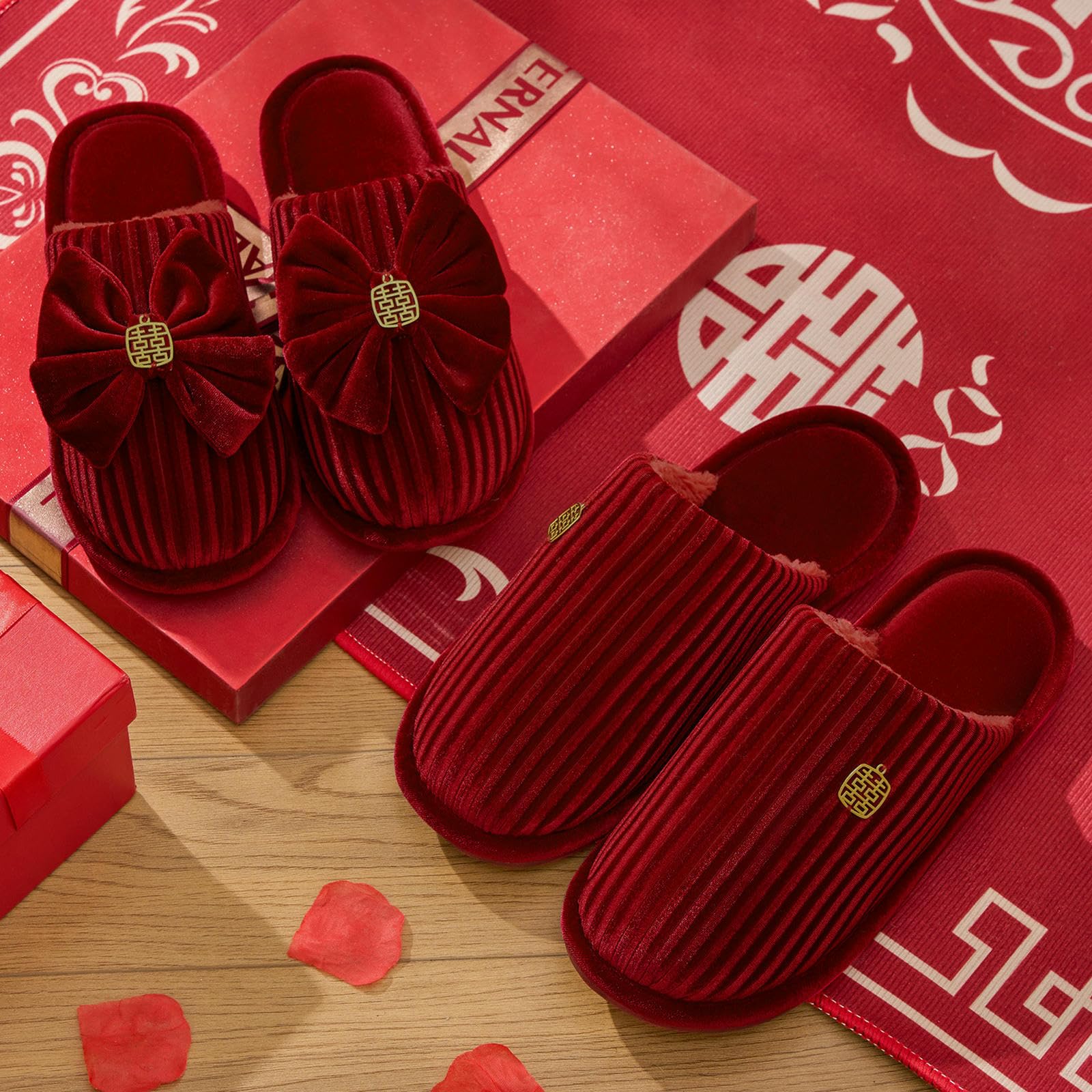 Pantofole Donna da Sposa Antiscivolo in Pile Corallo per Gli Sposi, Casa Leggere-Modello Uomo Rosso-40-41