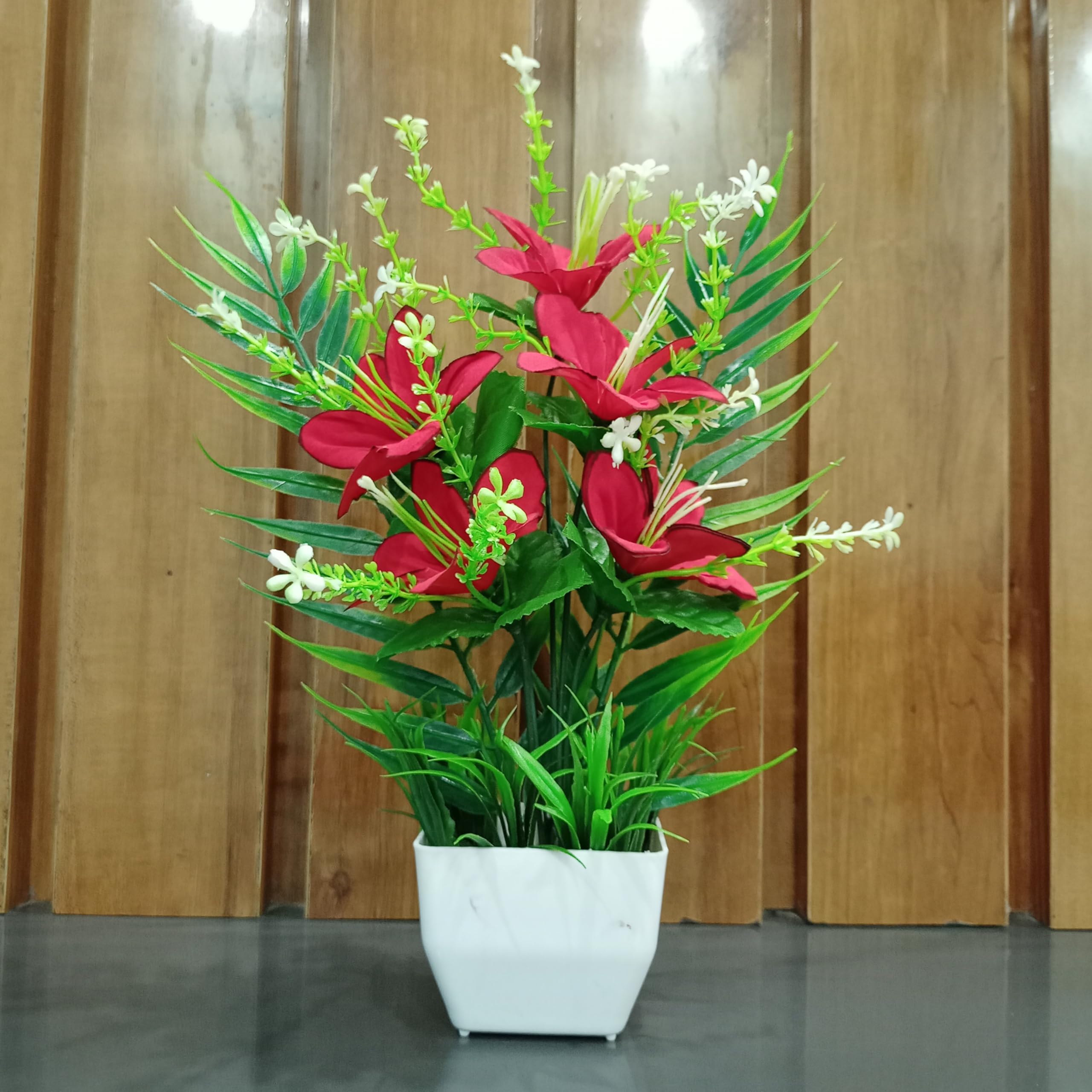 DECOGREEN Good Lily Red, SQ Pot Grass H, Office Real Touch Flower Living Room Premium Design Bonsai Artificial Plant with Pot (Good Lily Red, SQ Pot with Grass)