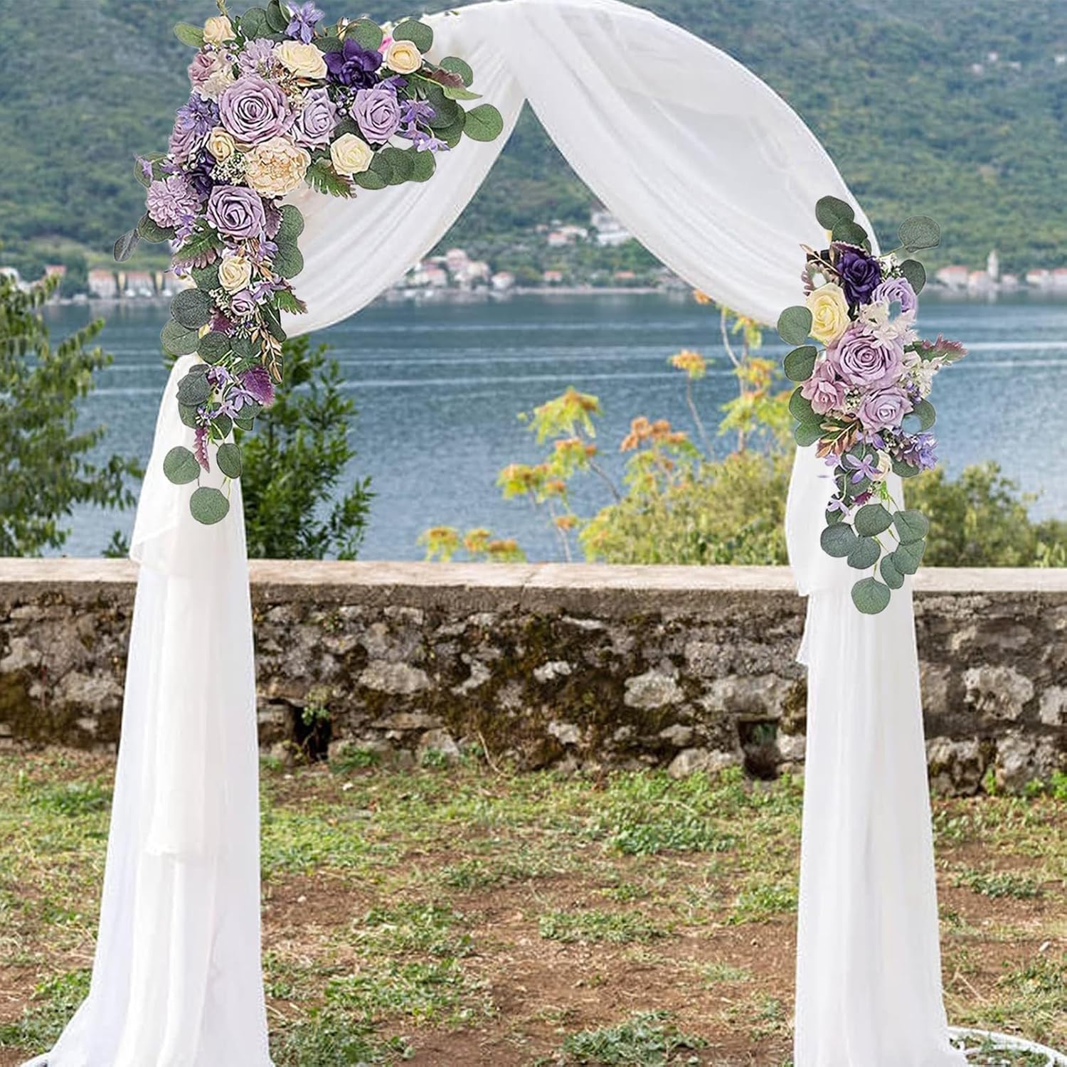 belupai Artificial Flower Swag Wedding Arch Decor, Fake Wedding Arch Flowers Kit with Chiffon Drapes Ceremony Reception Fake Rose Arbor Backdrop Green Floral Party Outdoor Table Decor (purple)
