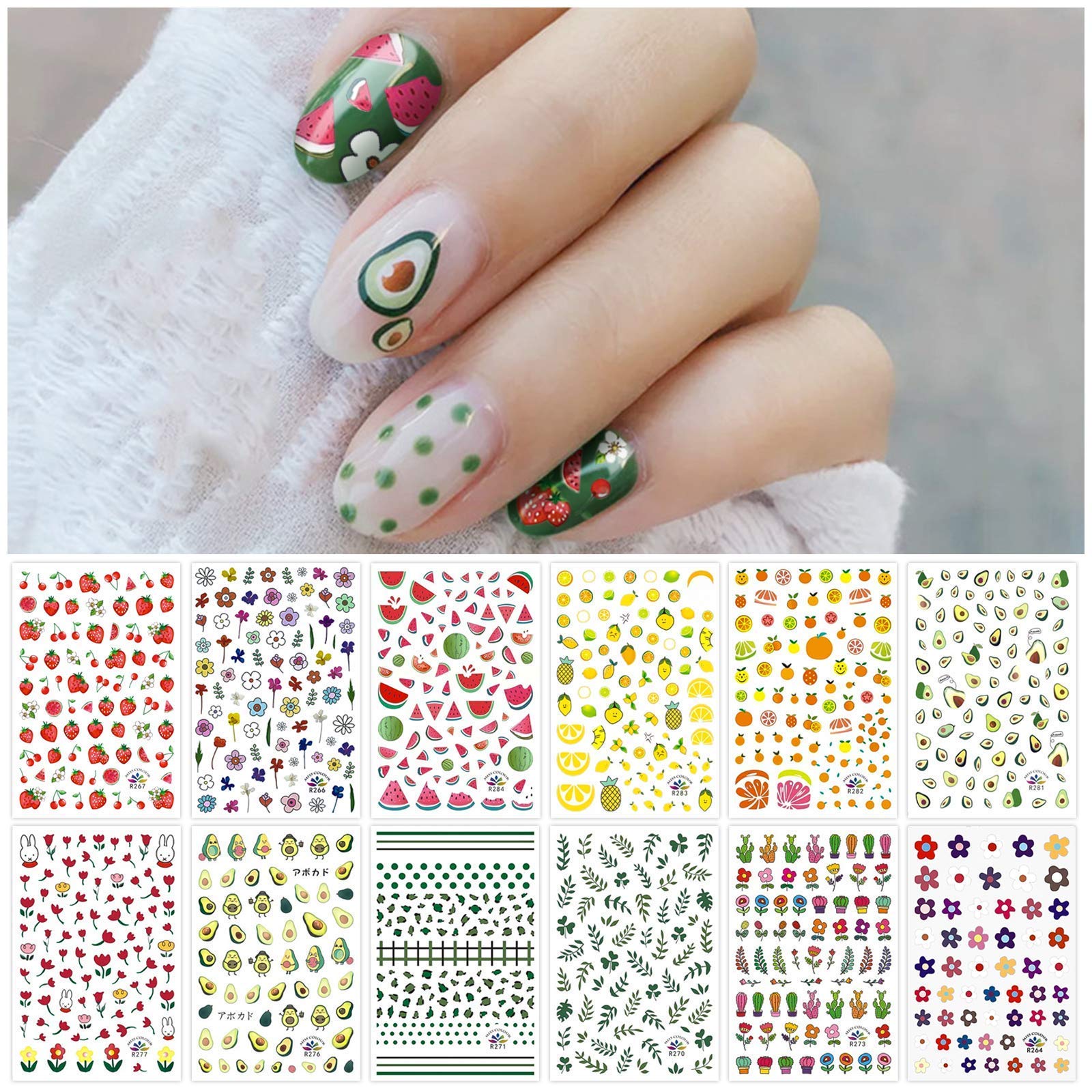 12 Sheets Nail Art Stickers Decals for Women Kids, EBANKU 3D Self-Adhesive Spring Stickers Flower Fruit Plant Stars Moon Smiling Face for Girls Manicure Salon Gift for Women Girl