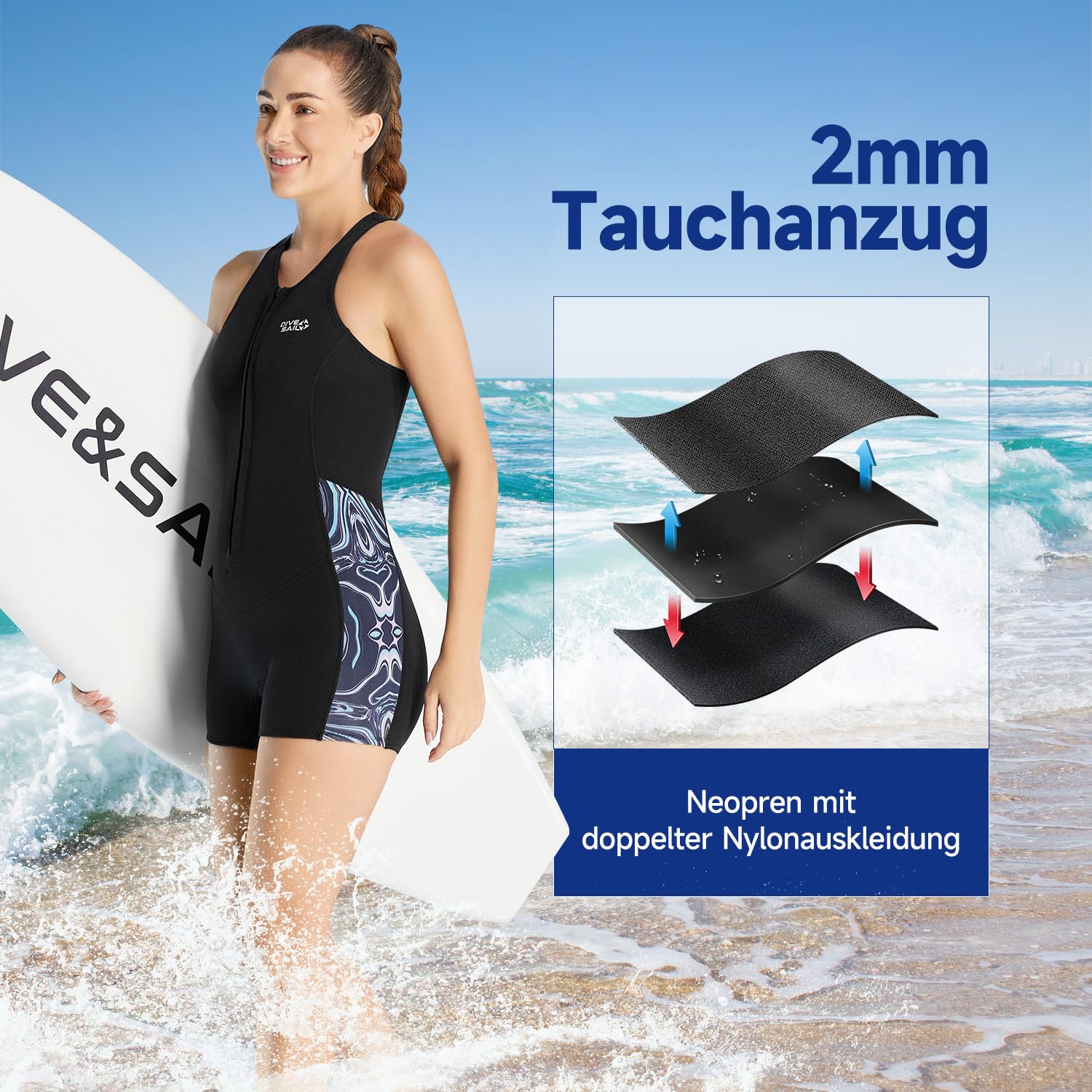 Combinaison courte en néoprène de 2 mm pour femme, fermeture éclair à l'avant, pour shorty, plongée, surf, plongée, plongée avec tuba
