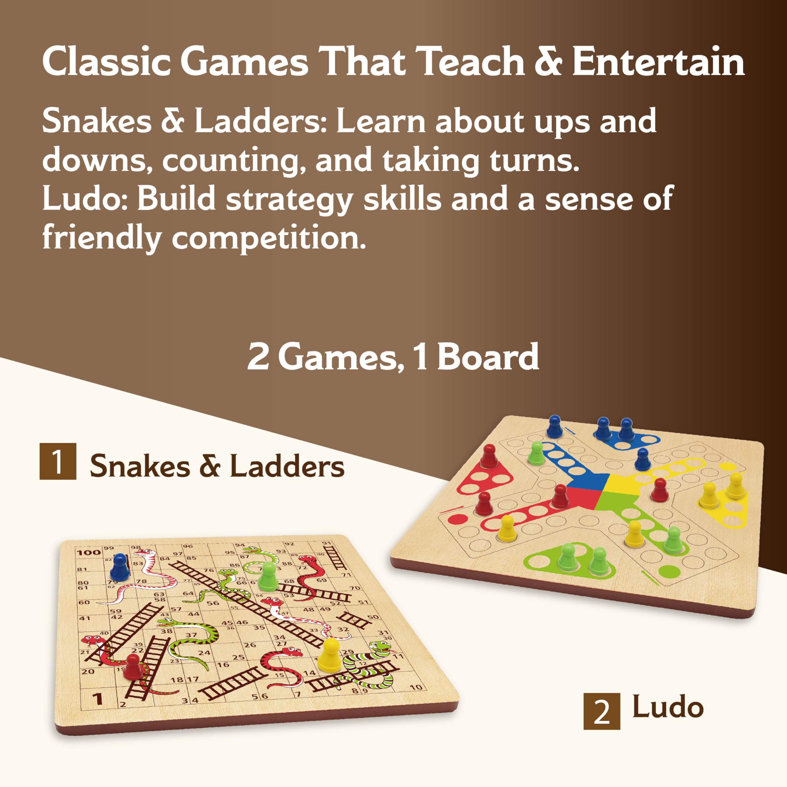 Wooden Snakes and Ladders + Ludo Board Game, 2-in-1 Classic Family Game for Home and Travel - Image 2
