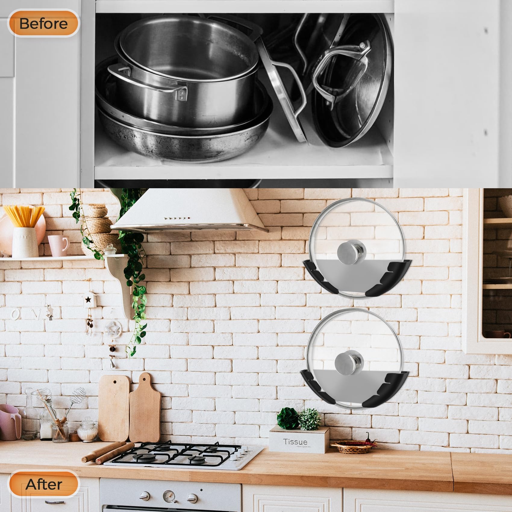 6 tapas de pared para ollas, soporte autoadhesivo para tapa de cocina para puerta de armario, se adapta a ollas y sartenes de 6 a 13 pulgadas, solución de almacenamiento que ahorra espacio (negro)