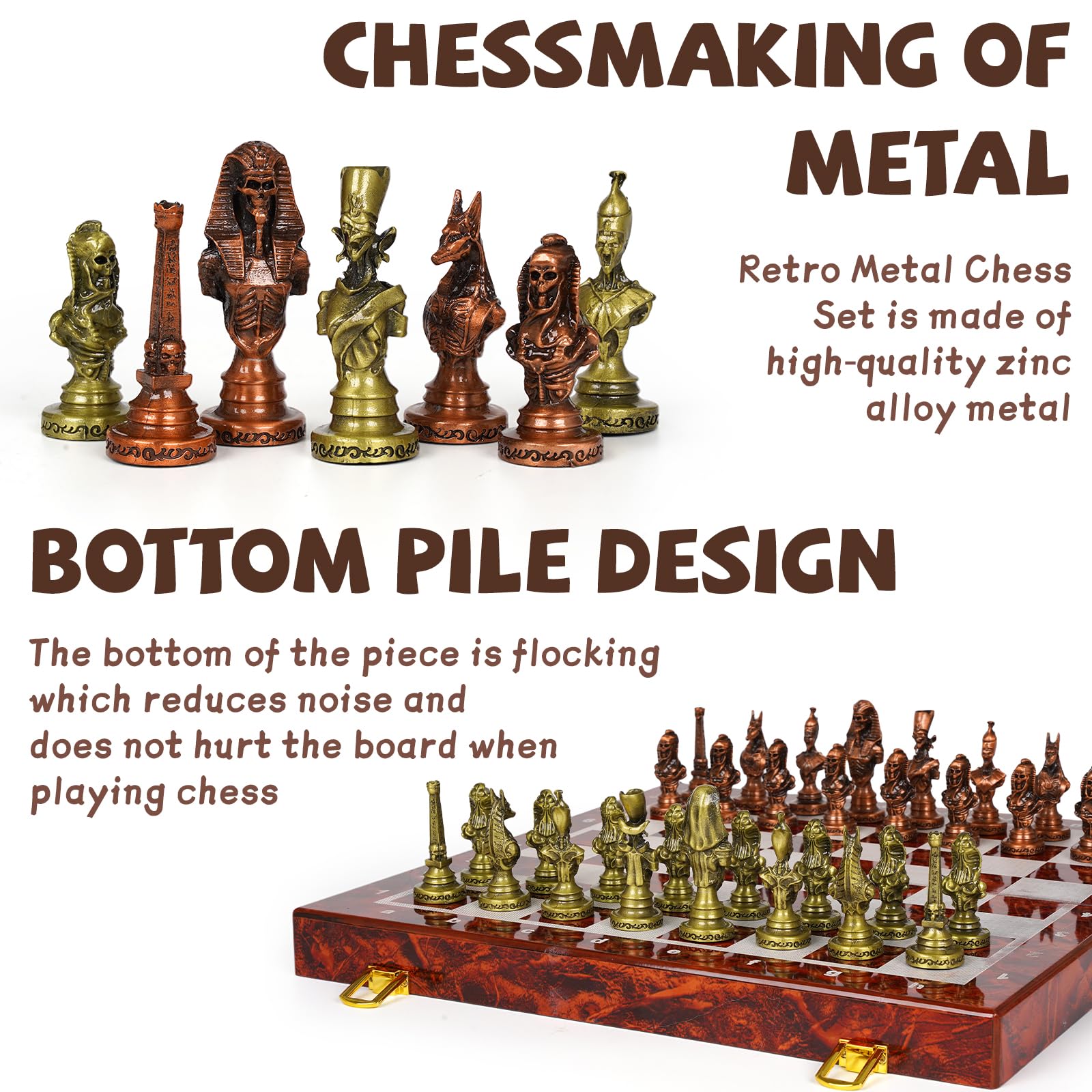 Gran Juego de Ajedrez de Metal Egipcio para Adultos – Tablero de Ajedrez Plegable de Madera de 15 Pulgadas con Piezas de Ajedrez Antiguas Ponderadas – Juego de Tablero Clásico de Lujo Vintage para