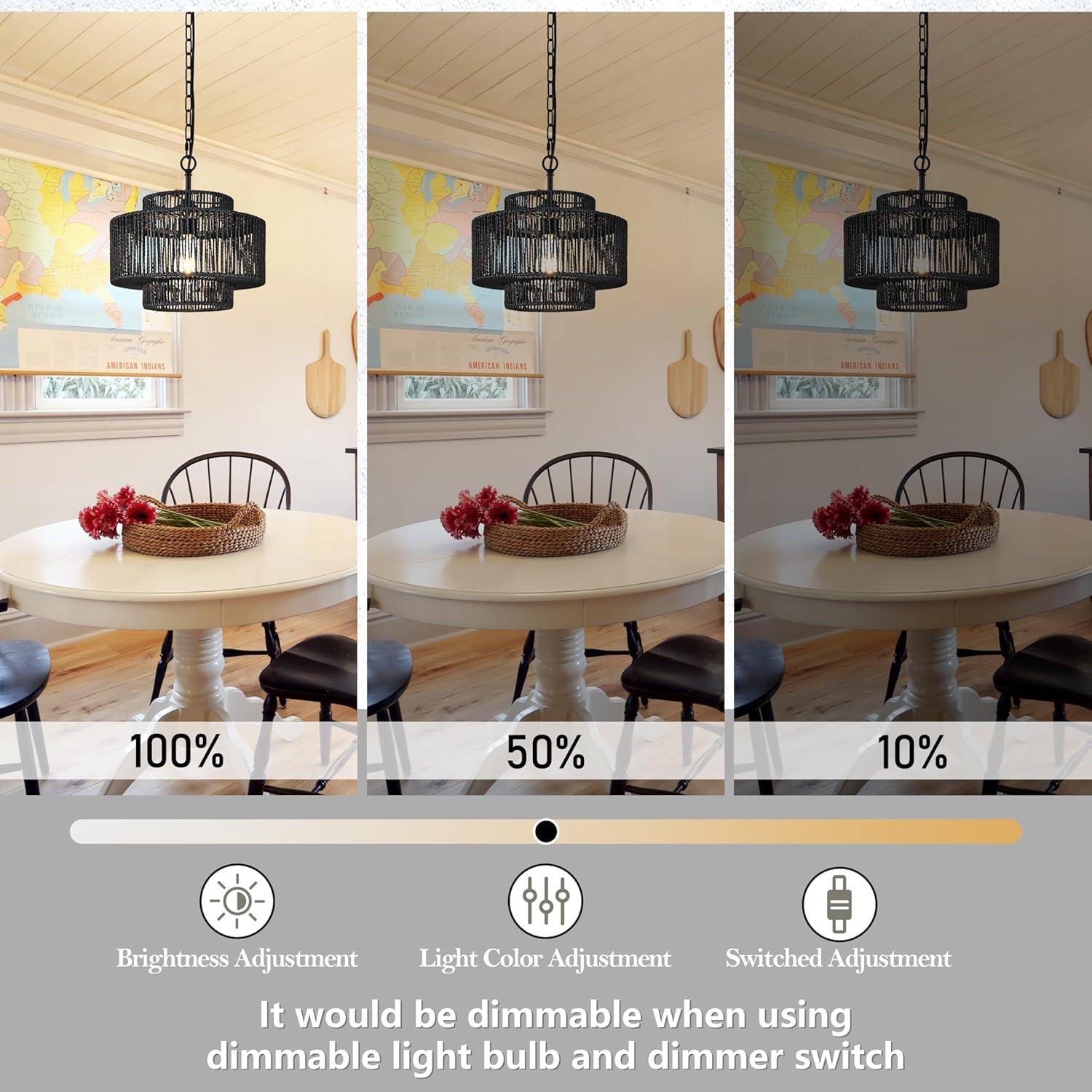 Bagood 12.4" Black Woven Pendant Light 1 Light Black Rattan Chandelier Hand-Woven Rattans Chandelier 3-Tier Rattan Pendant Farmhouse Chandeliers Light Fixture for Dining Room Living Room