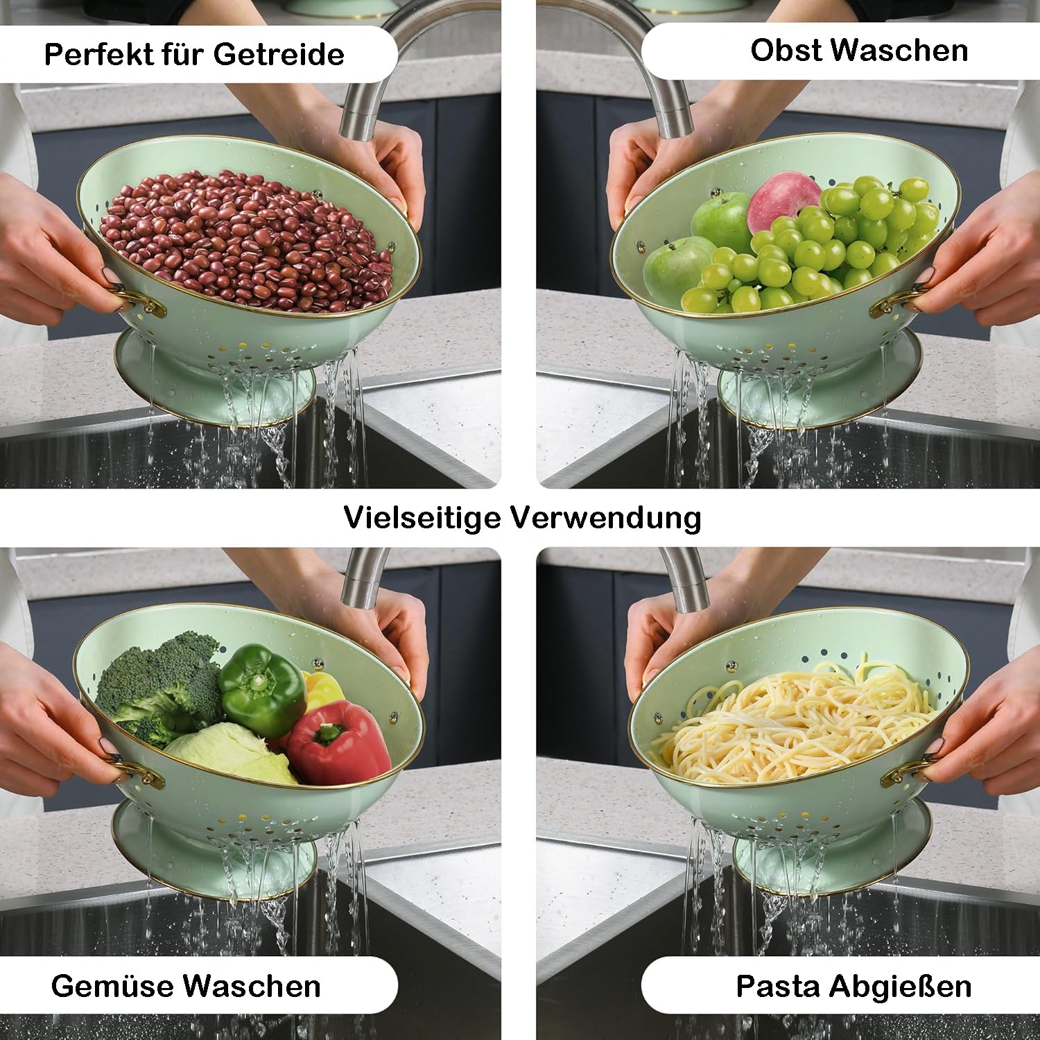 Sieb 3er-Set, Metall Nudelsieb Küchensieb mit Griff und Boden – 16cm & 23cm & 28cm, Abtropfsieb Seiher für Nudeln Obst Gemüse, Spülmaschinenfest (Grün)