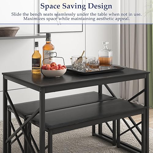 Miniatura 4 de VECELO Juego de Mesa de Comedor de Cocina con Bancos para 4, Mesa de Comedor de Madera de 43.3" con 2 Bancos, Mesa de Comedor de Alta Resistencia