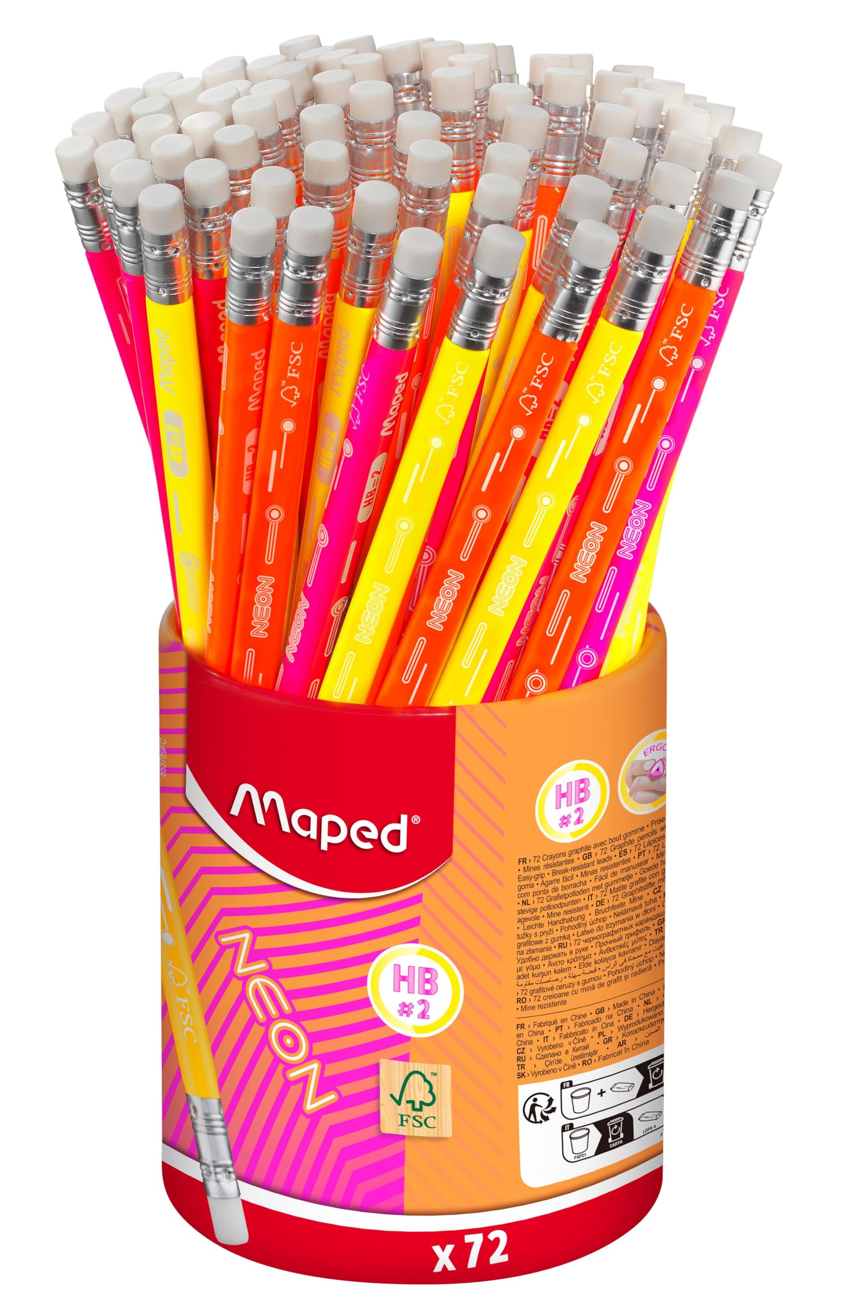 Maped - 72 Graphite Pencils HB2 NEON - FSC HB Pencils - Eraser Tip - Ergonomic Triangular Shape - Durable Lead