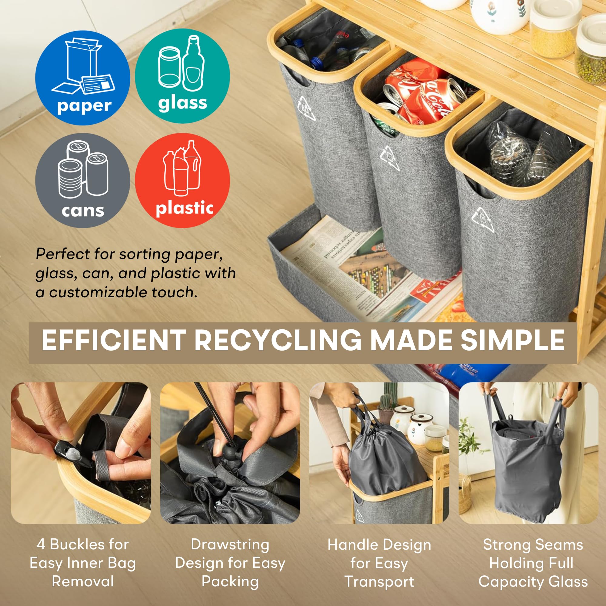 4 Section Recycle Bin – Recycling Station for Kitchen – Recycling Bin, Trash Recycling Storage – Recycling Bins for Cans and Bottles – Trash Can and Recycle Bin Combo – Recycle Bin for Office