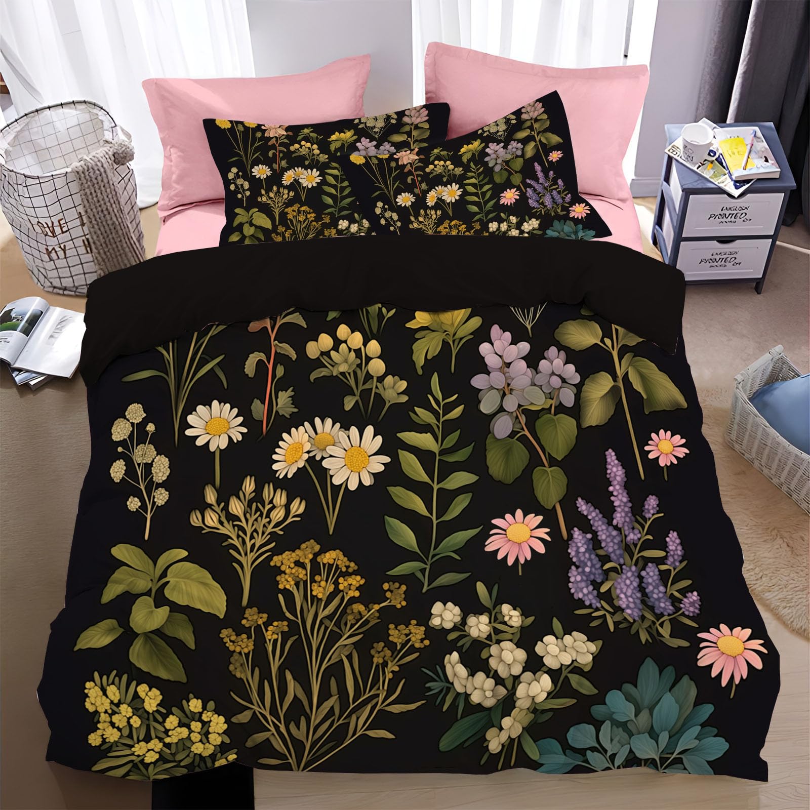 Housse de couette 200x200cm fleurs rétro parure de lit 2 personnes esthétique fille ado