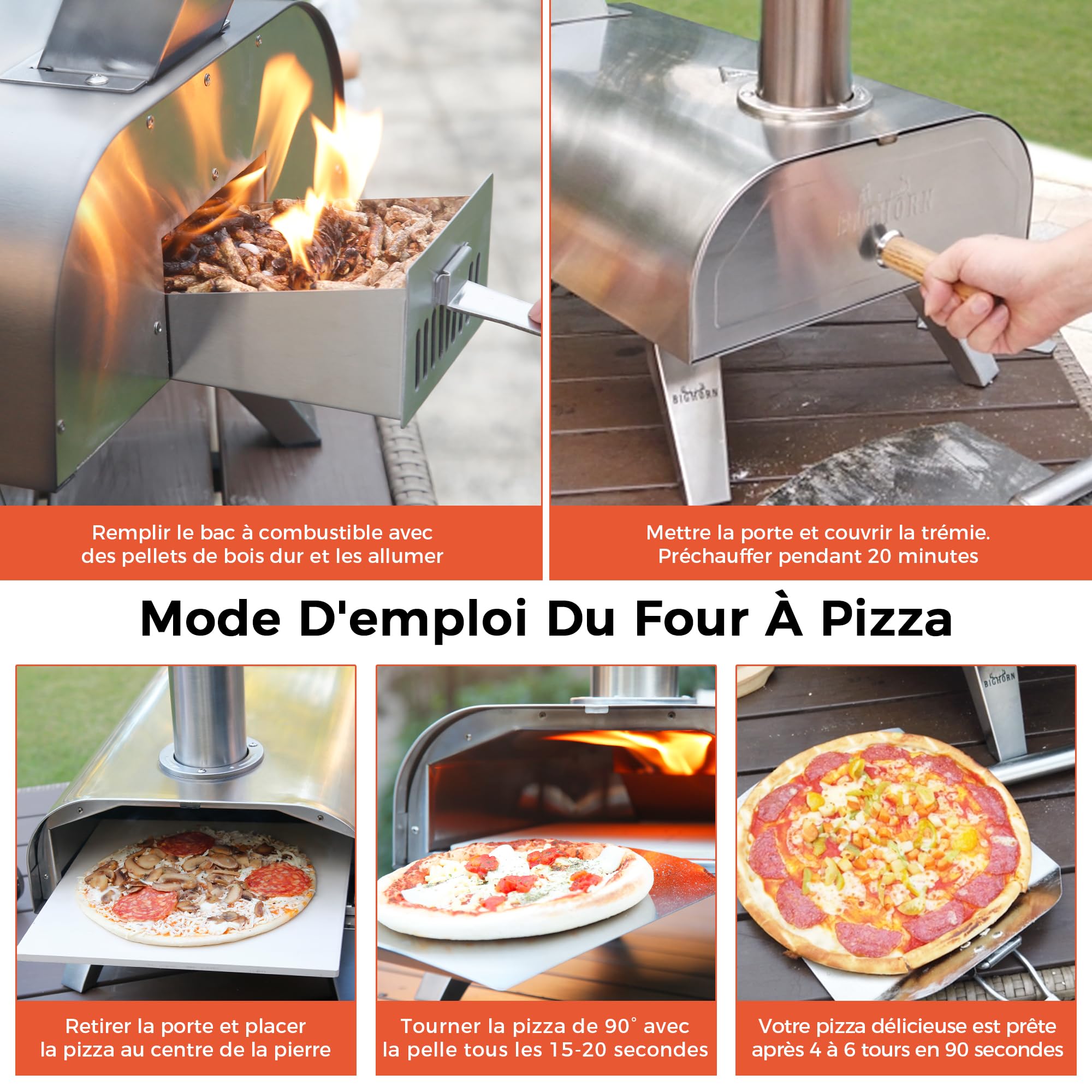 BIG HORN OUTDOORS Four à pizza à granulés de bois 30,5 cm - Acier inoxydable - Portable - Argenté