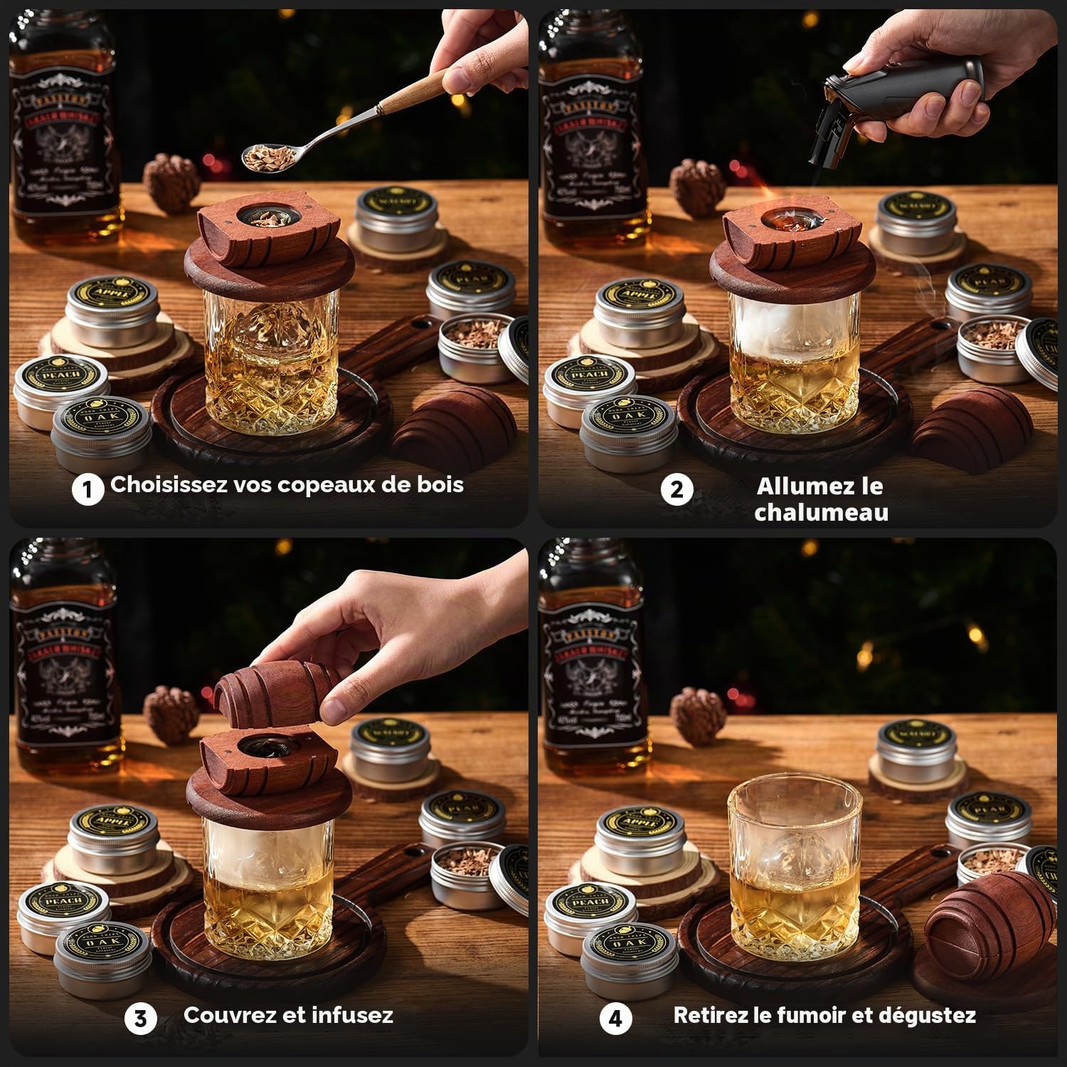 Kit de Fumoir pour Whisky avec Chalumeau - 6 Arômes de Copeaux de Bois, 2 Verres, 2 Moules à Glaçons Sphériques - Kit Fumoir Cocktail, Cadeau Homme
