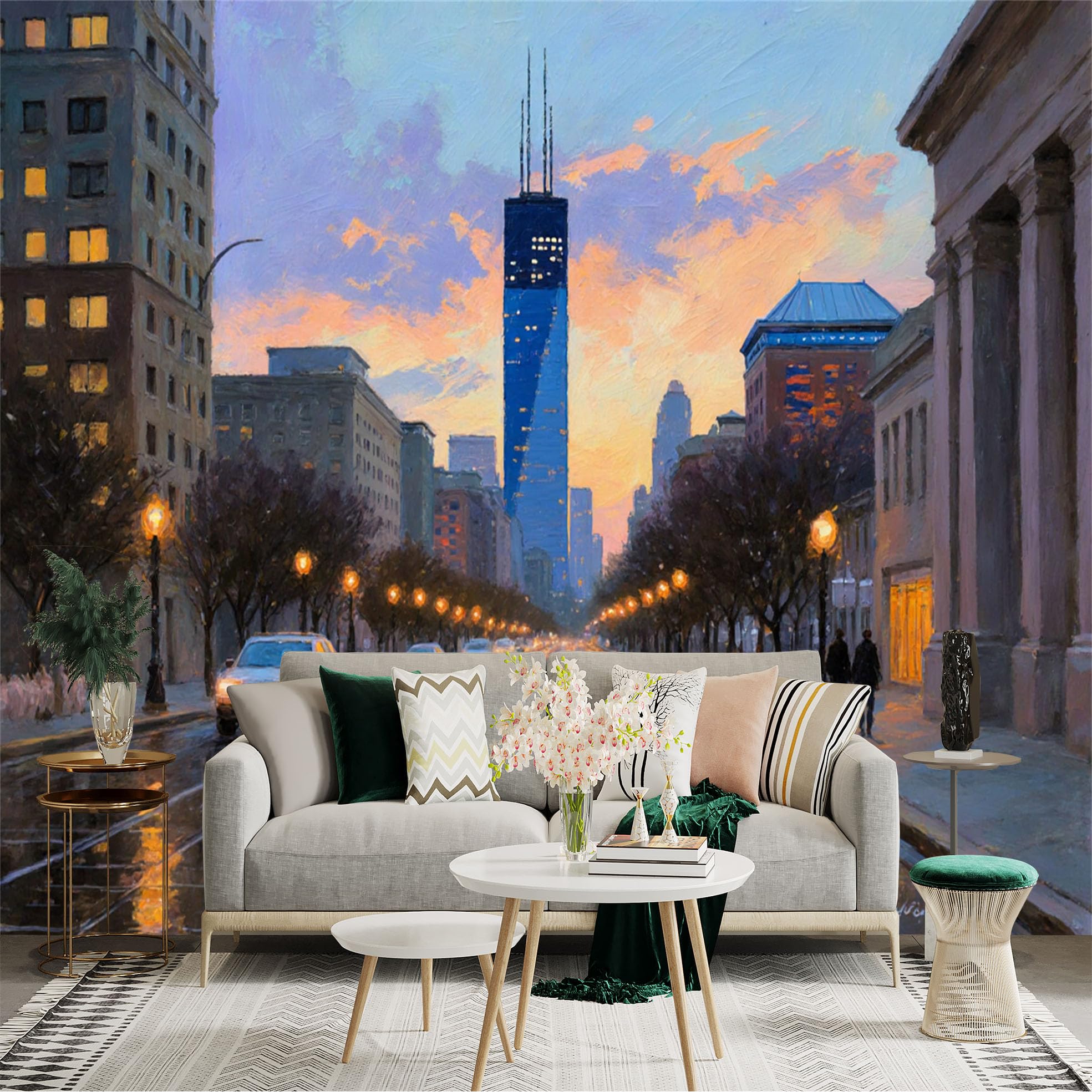 Lnzczhyre Xc260505288 Custom Size Wall Sticker Mural， Modern Cityscape At Sunset， Rainy Street Reflection， Urban Architecture View， For Wall Decoration， Peelandstick Wall Decals.
