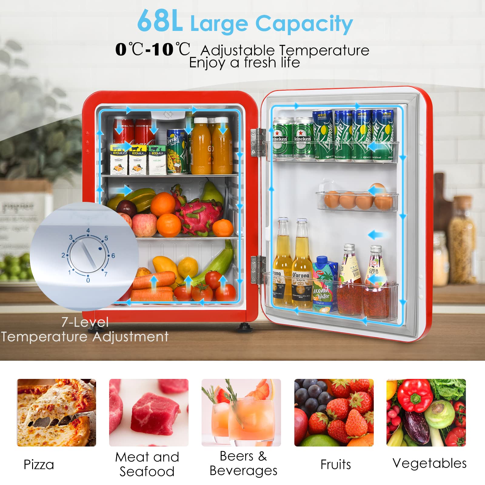 COSTWAY Mini Fridge, 42L/68L Compact Table Top Refrigerator with LED Light, Adjustable Thermostat, Reversible Door and Removable Glass Shelf, Home Dorm Drinks Wine Refrigerators (68L, Red) — view 2
