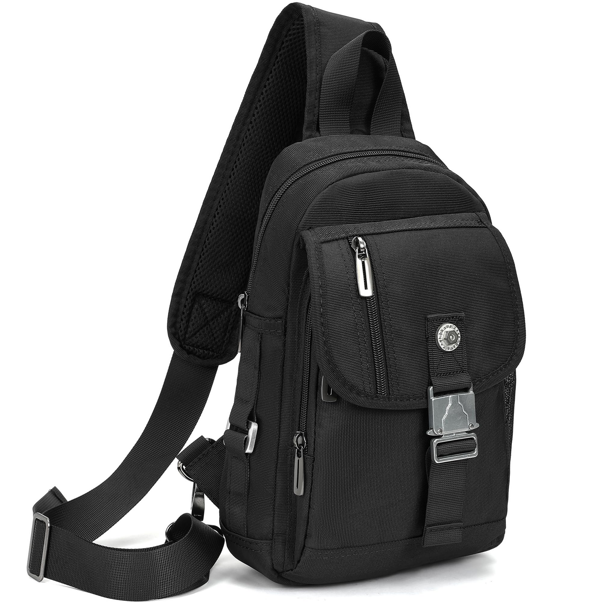 Bolsas de bandolera, mochila de hombro en el pecho, bolsa cruzada con una correa, mochilas de viaje al aire libre para hombres y mujeres (Negro-016)