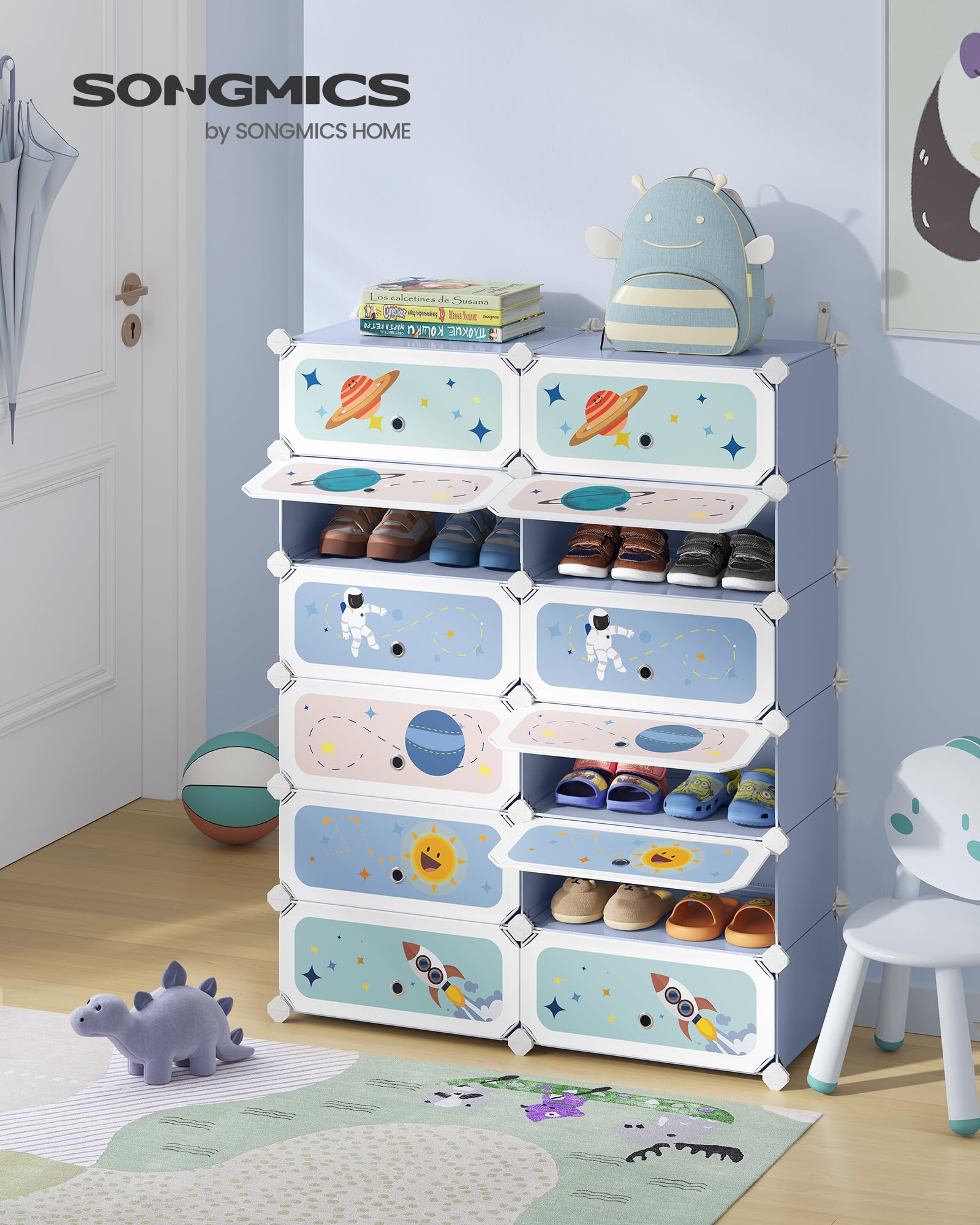 SONGMICS Étagère à Chaussures Modulable Enfants, Meuble de Rangement 12 Emplacements, Armoire avec Étagères en Plastique, Organisateur avec Portes, 31 x 81 x 106 cm, Bleu Clair LPC907Q01