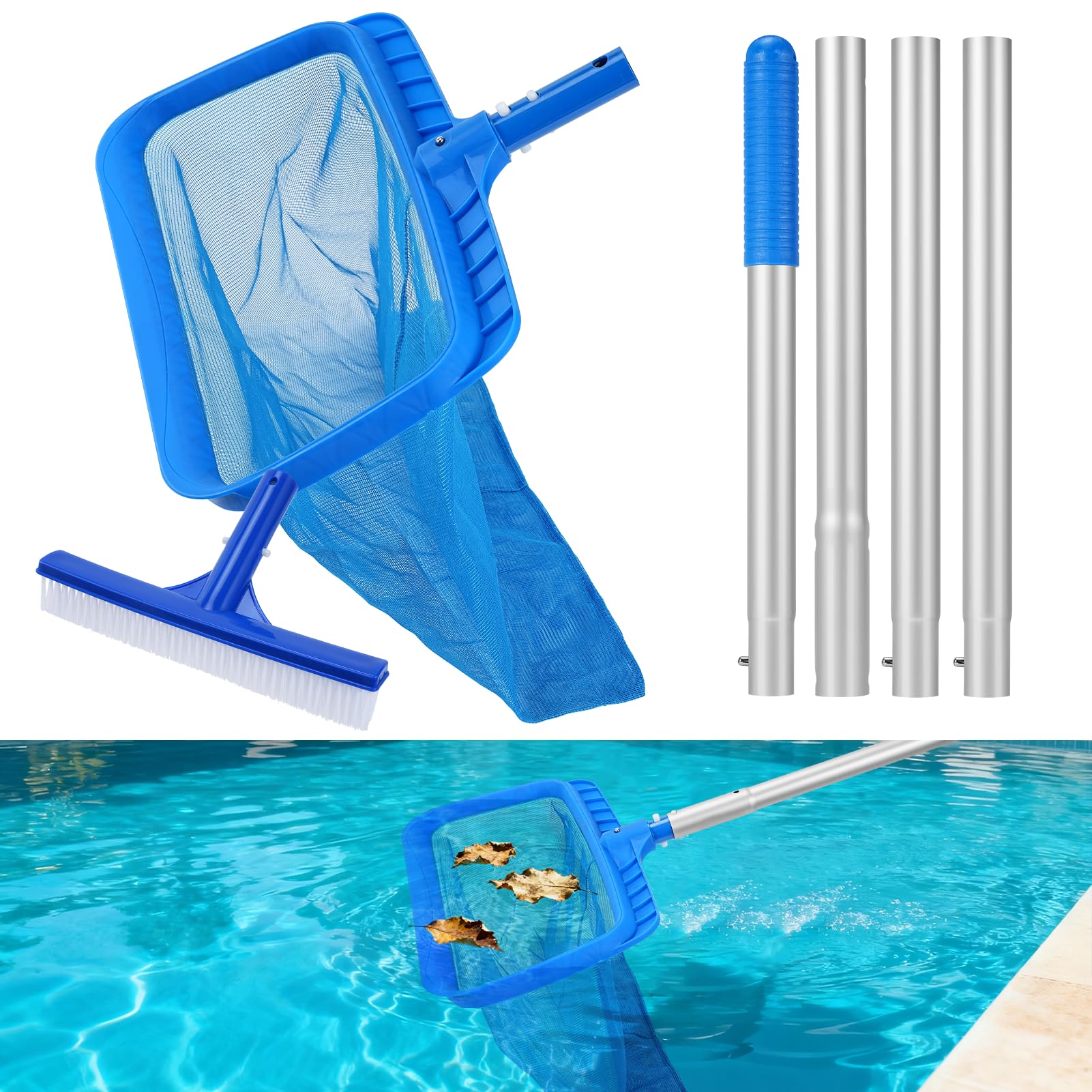 Red de Limpieza de Piscinas, 191cm Servicio Pesado Profundo Recogehojas Piscina Malla Fina Red de Piscina con Poste Telescópico Kit Limpieza Piscina con Cepillo Piscina para Piscina Estanque