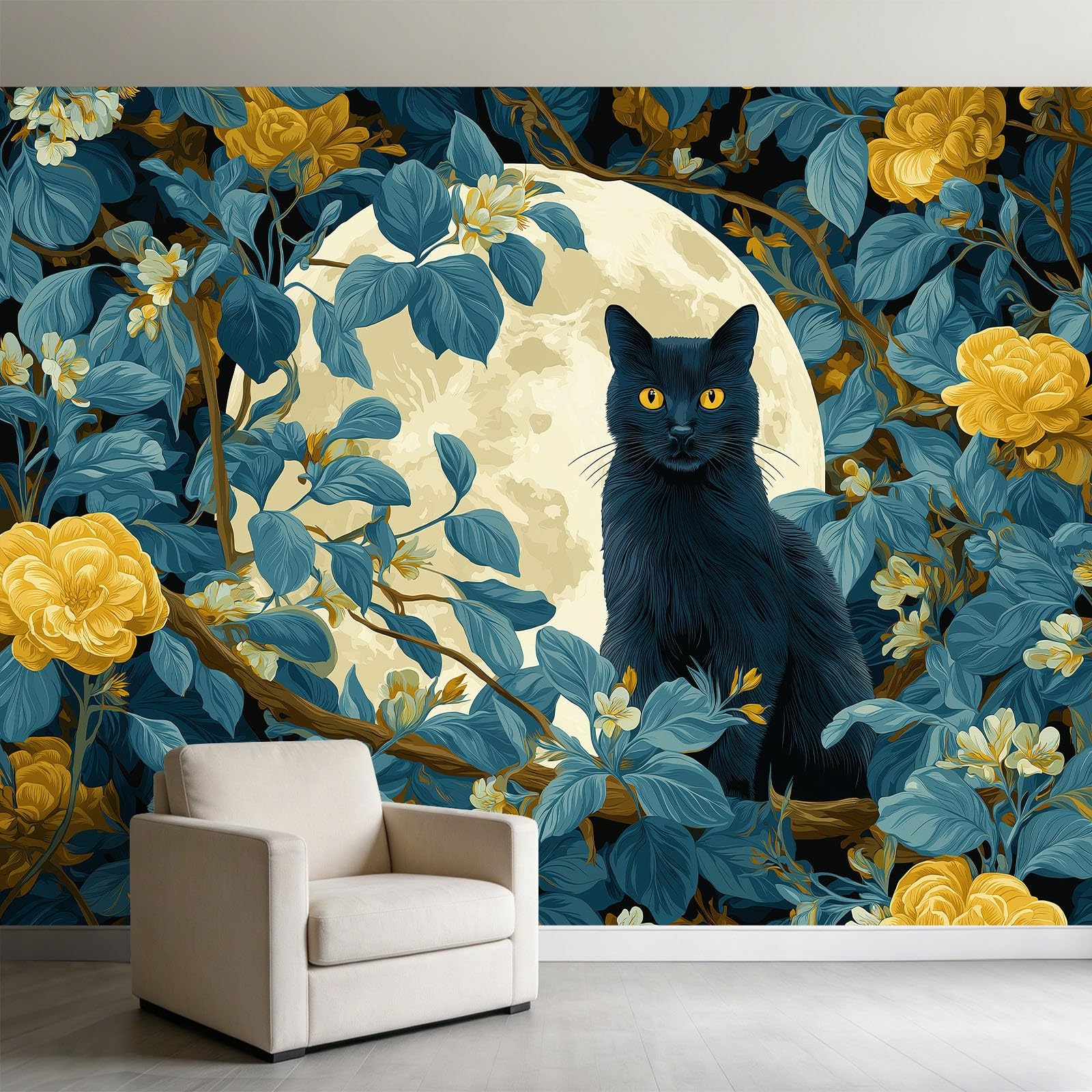 Zwierzęta, koty, kwiaty, księżyc, sztuka, fototapeta, 500 x 280 cm, efekt 3D, obraz ścienny, tapeta z włókniny, nowoczesna tapeta ścienna, do salonu, pokoju dziecięcego, sypialni, tło TV, dekoracja