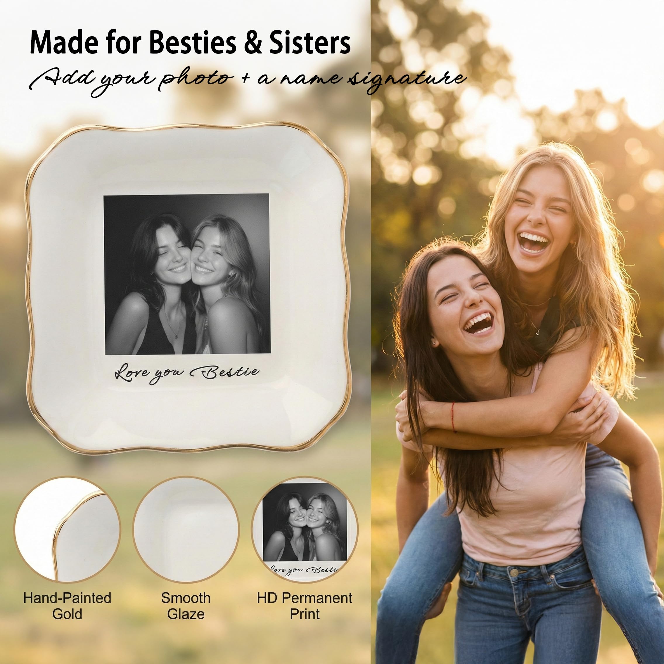 Personalized Photo Jewelry Dish for Bestie Sister, Custom Text & Name Signature (e.g., Emma), 4 Inch Ceramic Ring Dish Trinket Tray for Best Friend, Birthday Long Distance Friendship Gift - 4