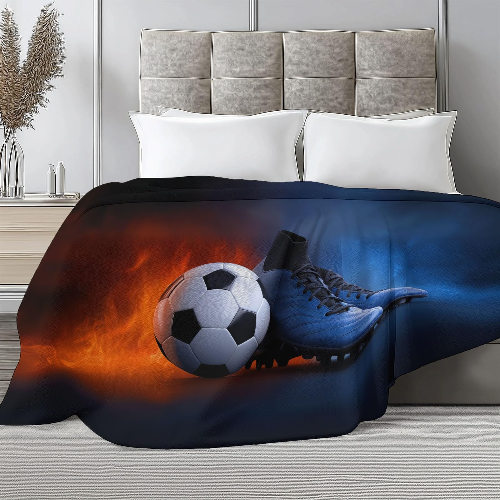 Midnight Blue, ultramiękki koc flanelowy, narzuta, 180 x 200 cm, pluszowe i ciepłe, sportowe buty do piłki nożnej, nadruk płomieni, lekki koc na łóżko, na sofę, podróż i dla dzieci dorosłych, 180 x