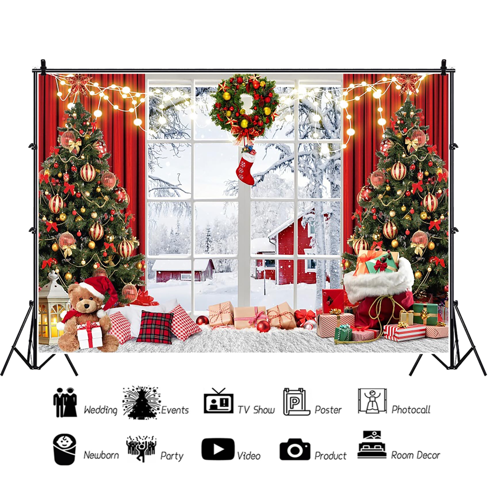 3x2,5m Toile de Fond de noël Hiver Rideaux Rouges fenêtre Blanche Arbre de noël Couronne Photographie arrière-Plans Veille Vacances fête de Famille bannière, Vinyle