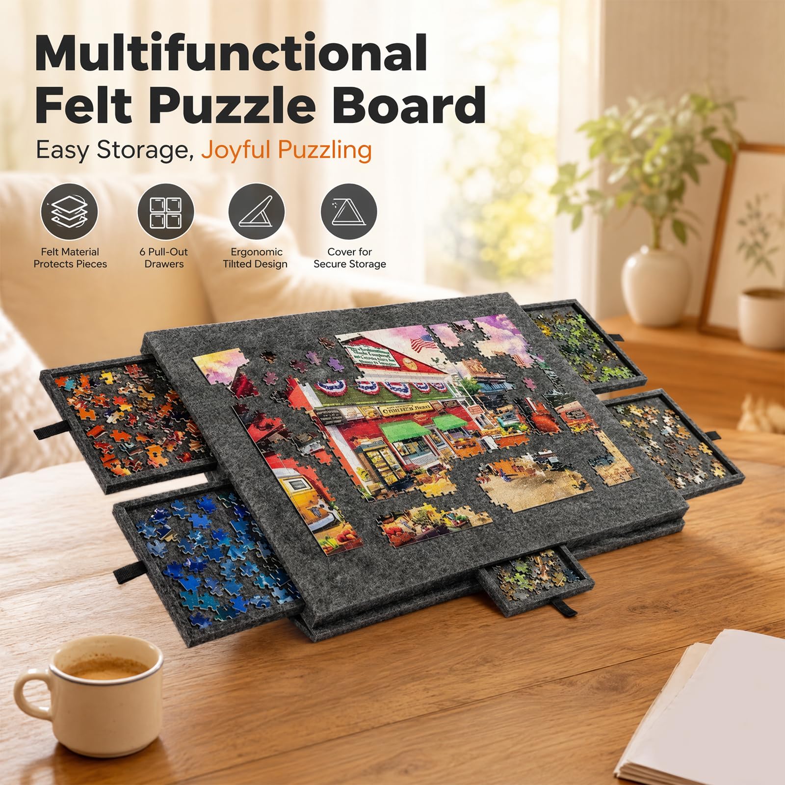 Planche de puzzle 2 en 1 de 1000 pièces avec 6 tiroirs, table de puzzle inclinable et pliable en feutre avec couvercle et support, dossier de puzzle portable pour rangement, plateau de puzzle