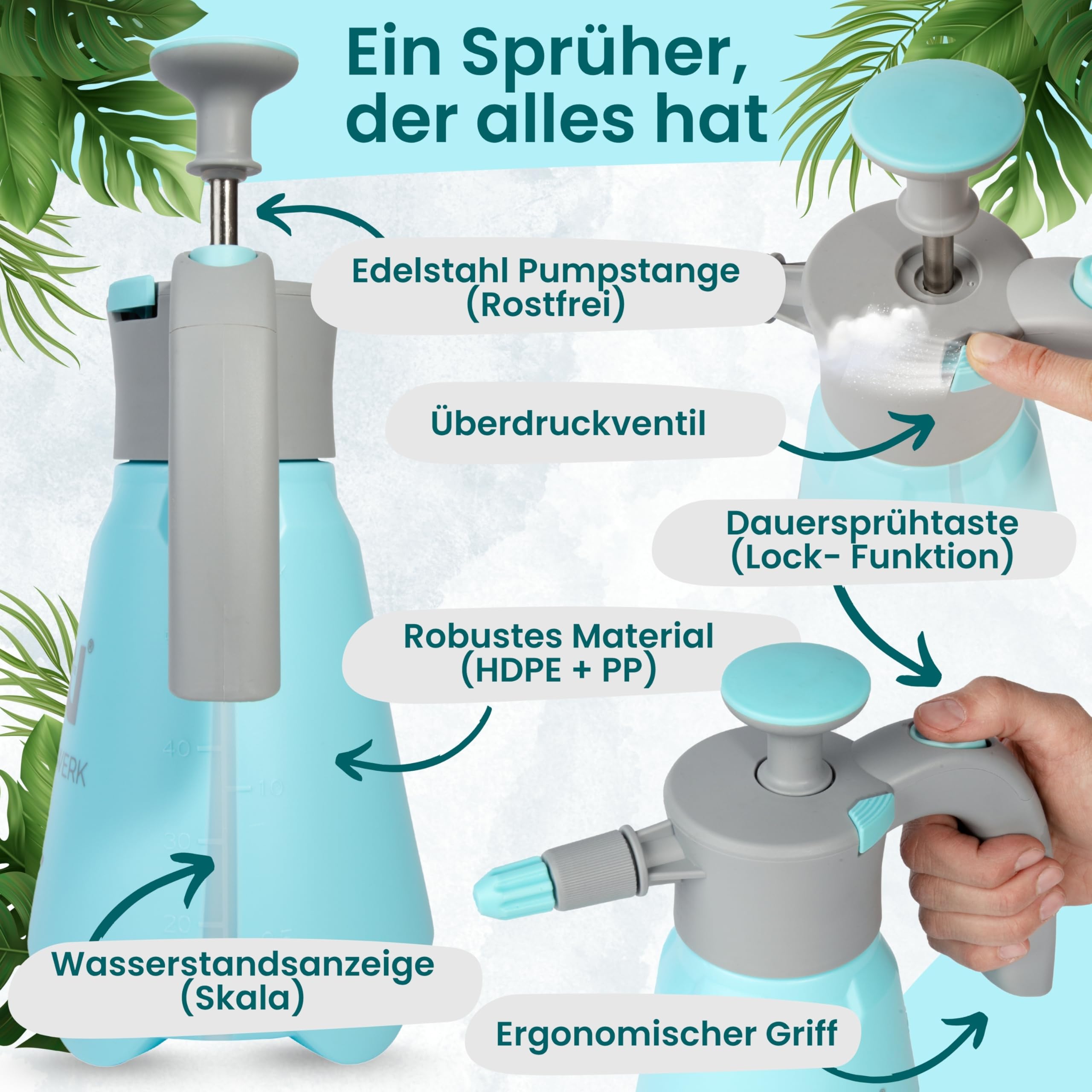 ExpertenWerk Drucksprüher 1,5L für Blumen Pflanzen Balkon & Zimmerpflanzen – Auslaufsichere Pumpsprühflasche Gartenspritze Pflanzensprüher mit Verstellbarer Düse, feinem Sprühnebel & Überdruckventil