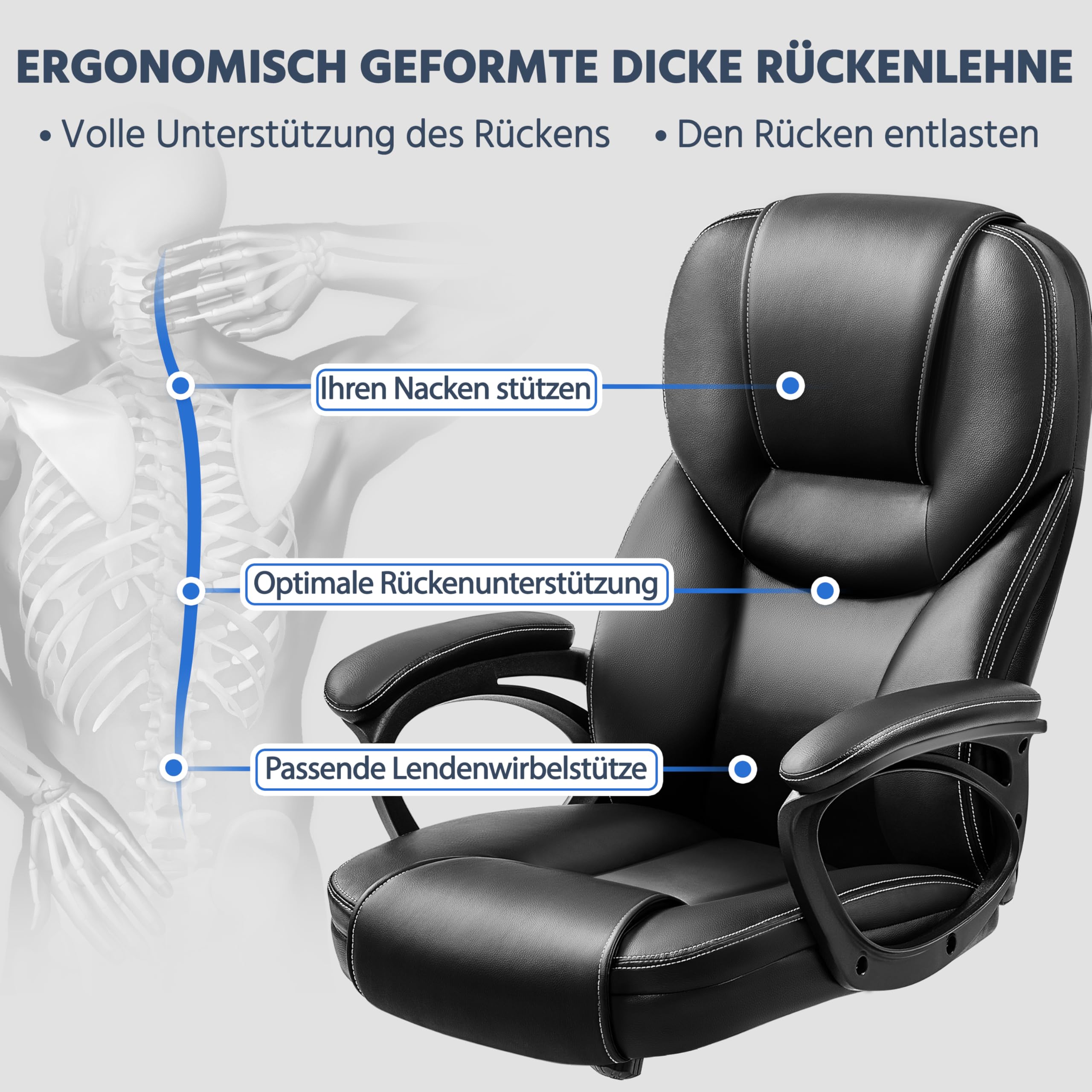Yaheetech Bürostuhl Chefsessel Ergonomischer Drehstuhl Hoher Rücken Computerstuhl bequem Schreibtischstuhl Höhenverstellbar Office Stuhl Kunstleder Hochdichter Schaumstoff Wippfunktion Schwarz