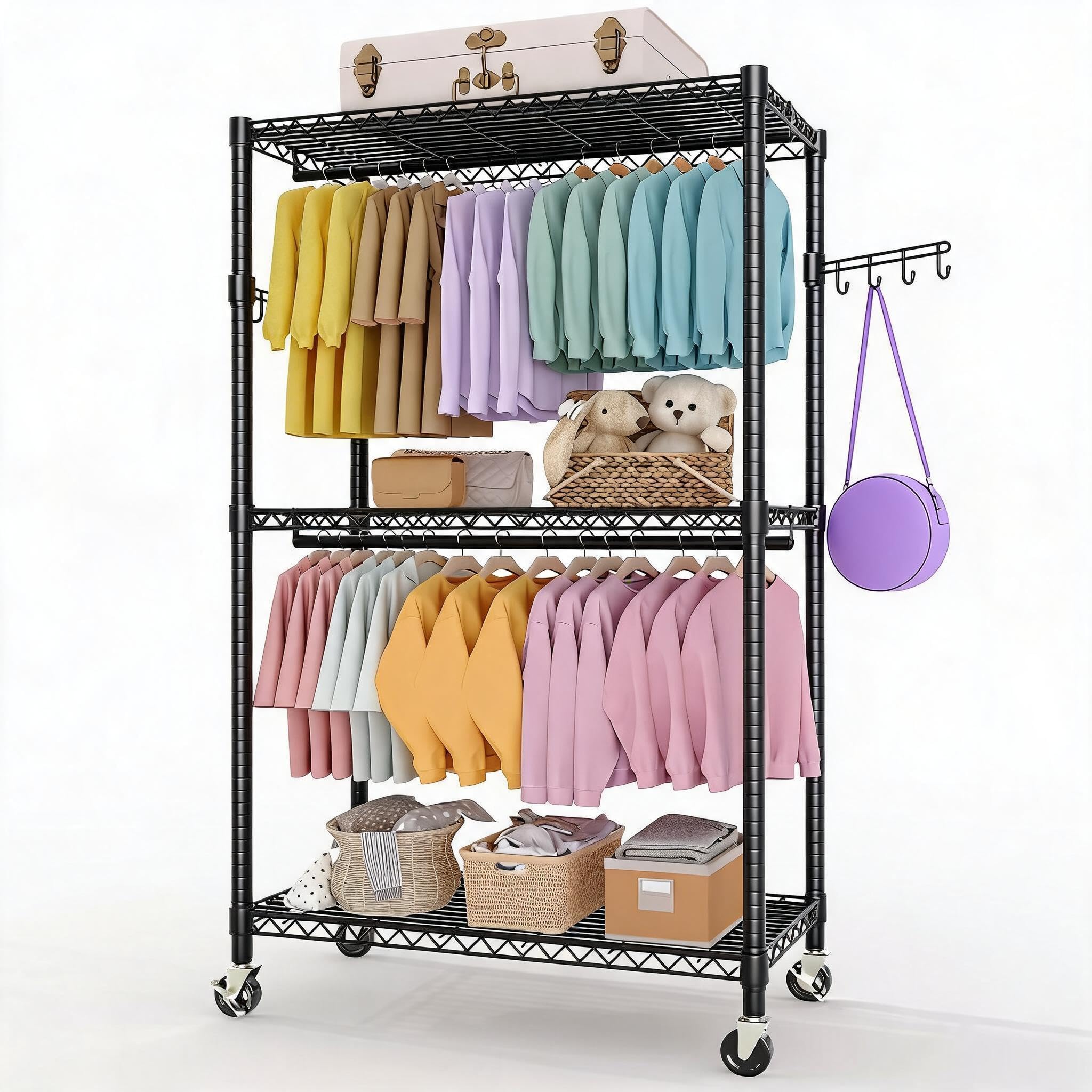 Aptliton Kleiderständer auf Rollen Schwarz, Schwerlast Garderobenständer Metall 115x40x202,4 cm, 3 Ablagen, 2 Kleiderstangen, seitliche Haken, Rollbarer Kleiderschrank mit Bremse, Offener Kleiderständ