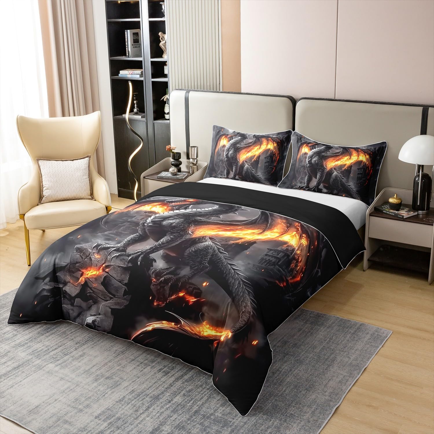 Flamme Drache 100% Baumwolle Bettbezug 135x200 für Kinder Teenager Krieg Wildtiere Bettwäsche Set Magische Fantasie Feuer Drache Tröster Abdeckung Gemütlich Grau Dekorative Alte Wildtiere Bett Set