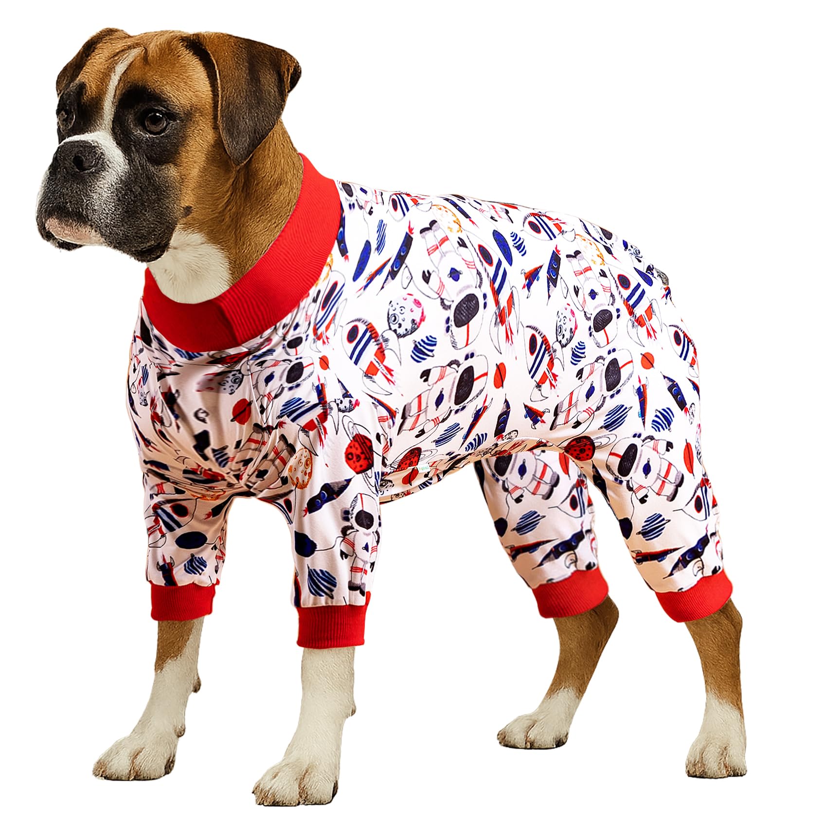LovinPet Large Dog Outfit, Large Puppy PJs, Space Snow Prints, White, L
