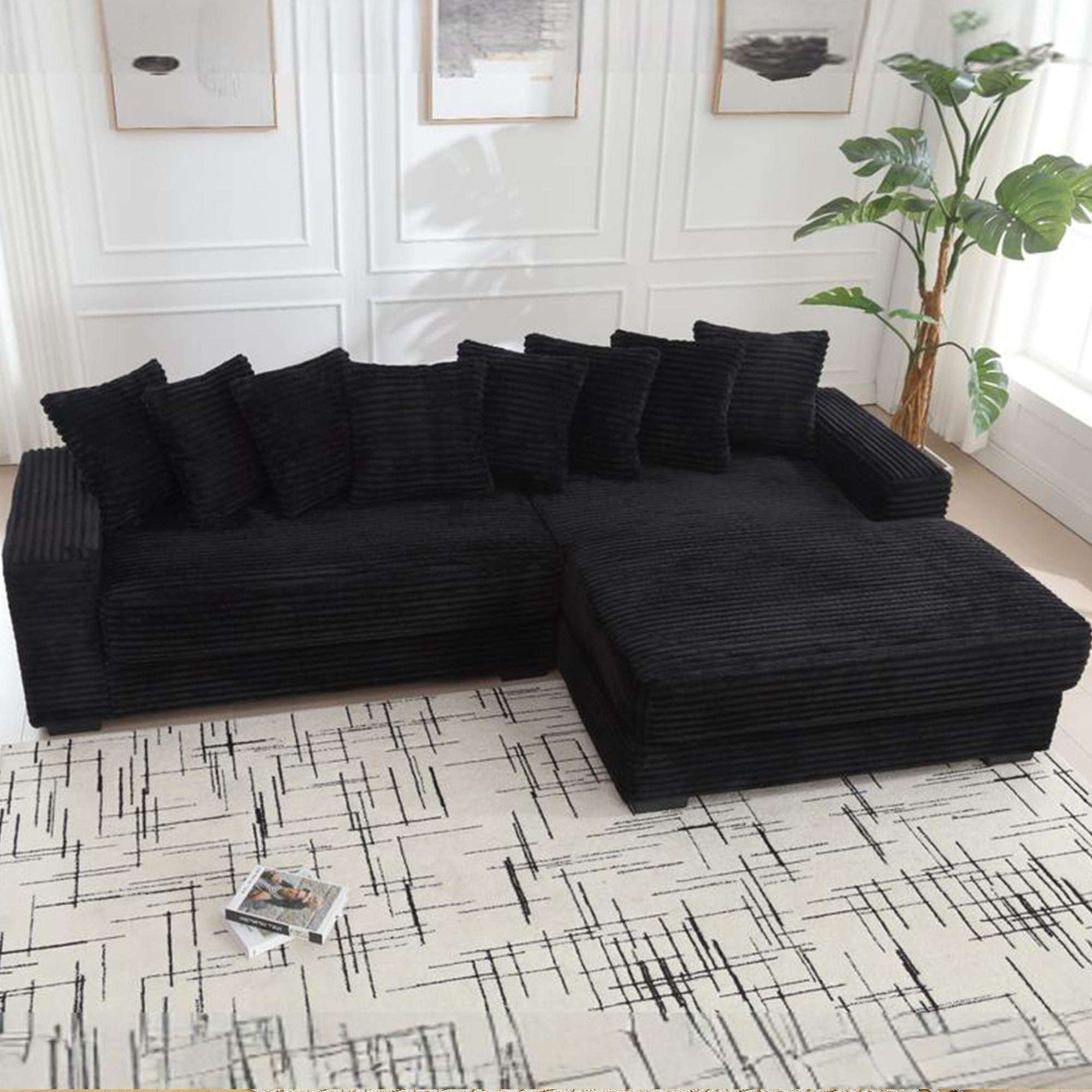 UPYOOE 111 Inch L-Shaped Corduroy Couch in Black