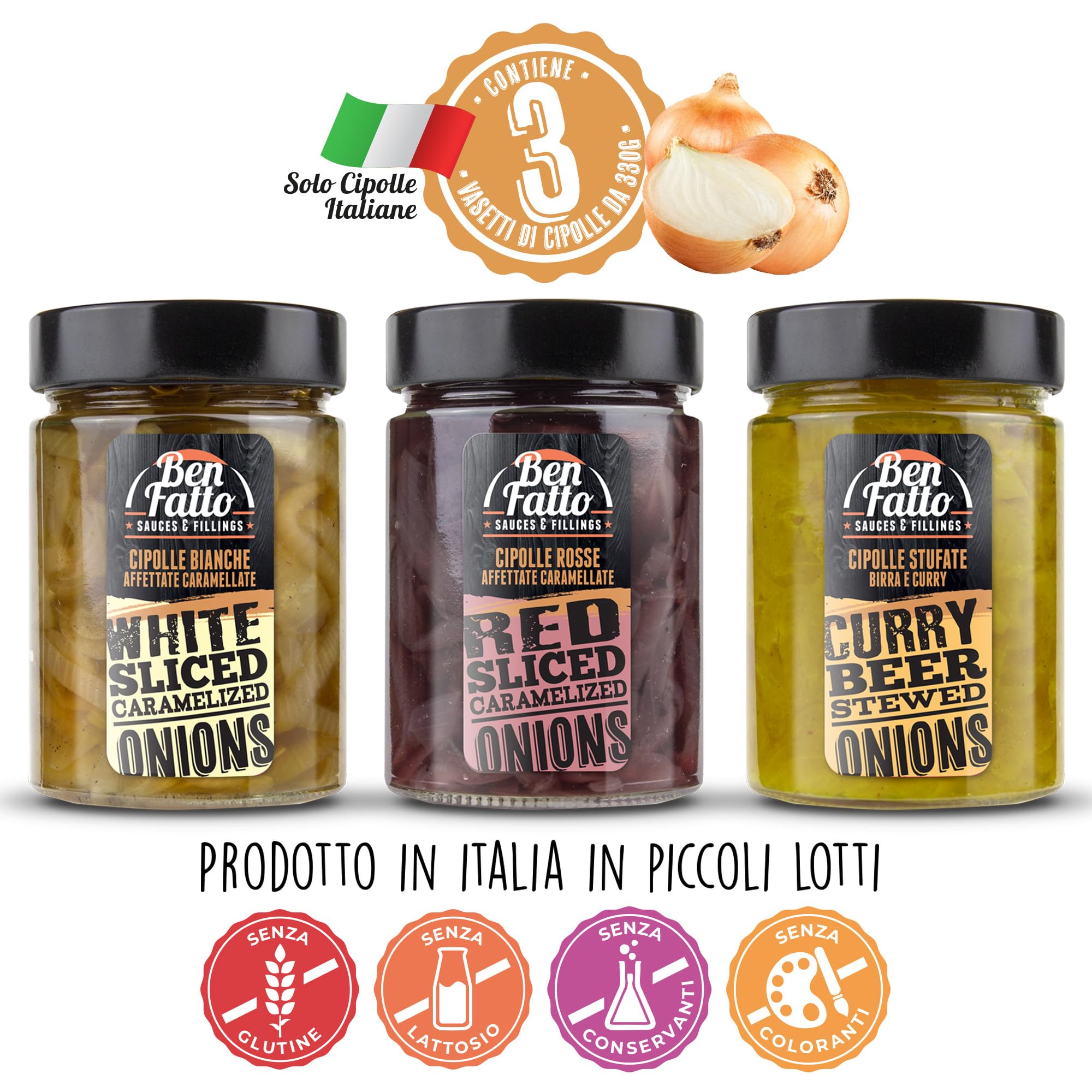 CONFEZIONE GOURMET Benfatto 3 CIPOLLE caramellate e stufate - speciali per Hamburger e BBQ - EDIZIONE LIMITATA - Made in Italy
