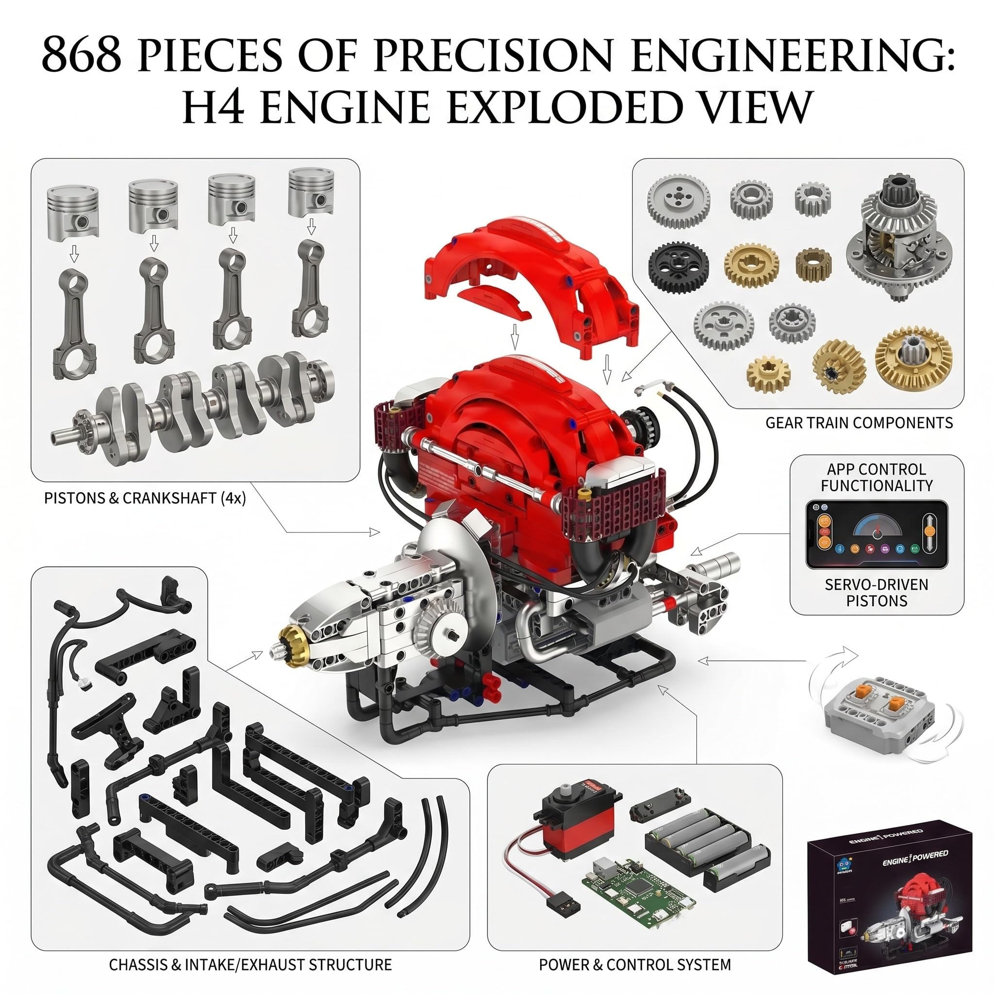 Maqueta Motor H4 868 Piezas – Kit Motor Miniatura Bluetooth & LED RGB | Motor H4 para Montar Adultos Stem Maquetas para Montar Idea Regalo Hombre