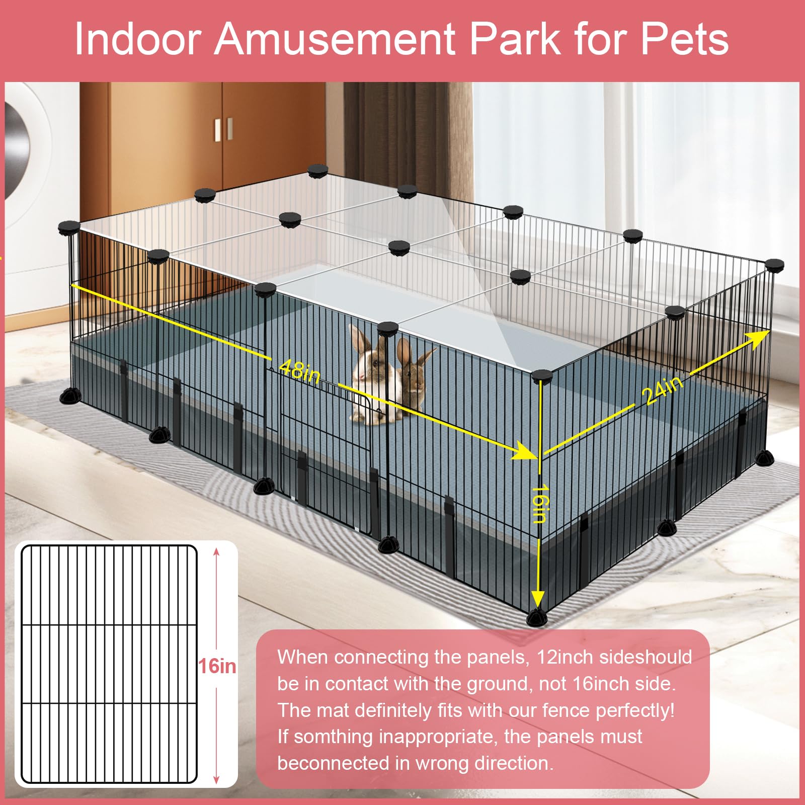 20 Panels Small Animal Playpen, 48" x 24" x 16" Pet Playpen with Waterproof Mat, C&C Cage for Guinea Pigs, Rabbit/Bunny/Baby Chicken Cage,Bunny/Puppy/Chicken Pen Indoor Outdoor Portable Metal Fence - image 5